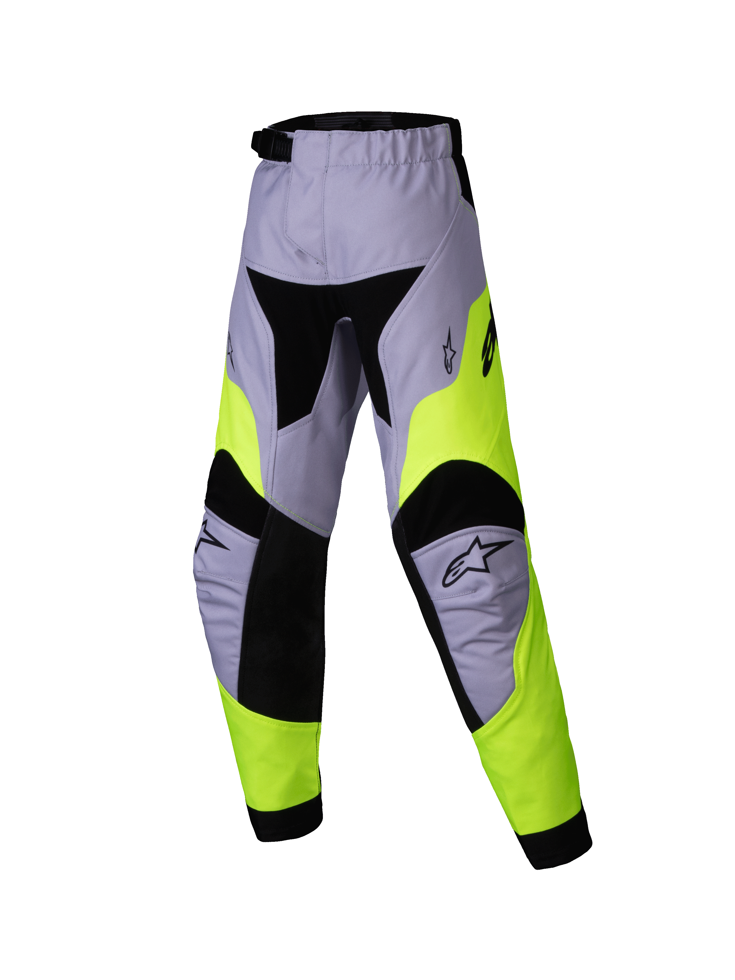 Alpinestars 2025 Kids Racer Veil Pants, pantaloni da motocross per ragazzi, grigio e giallo fluo, design tecnico multi-pannello con accenti neri, loghi a stella Alpinestars sulle ginocchia, tessuto resistente per corse fuoristrada