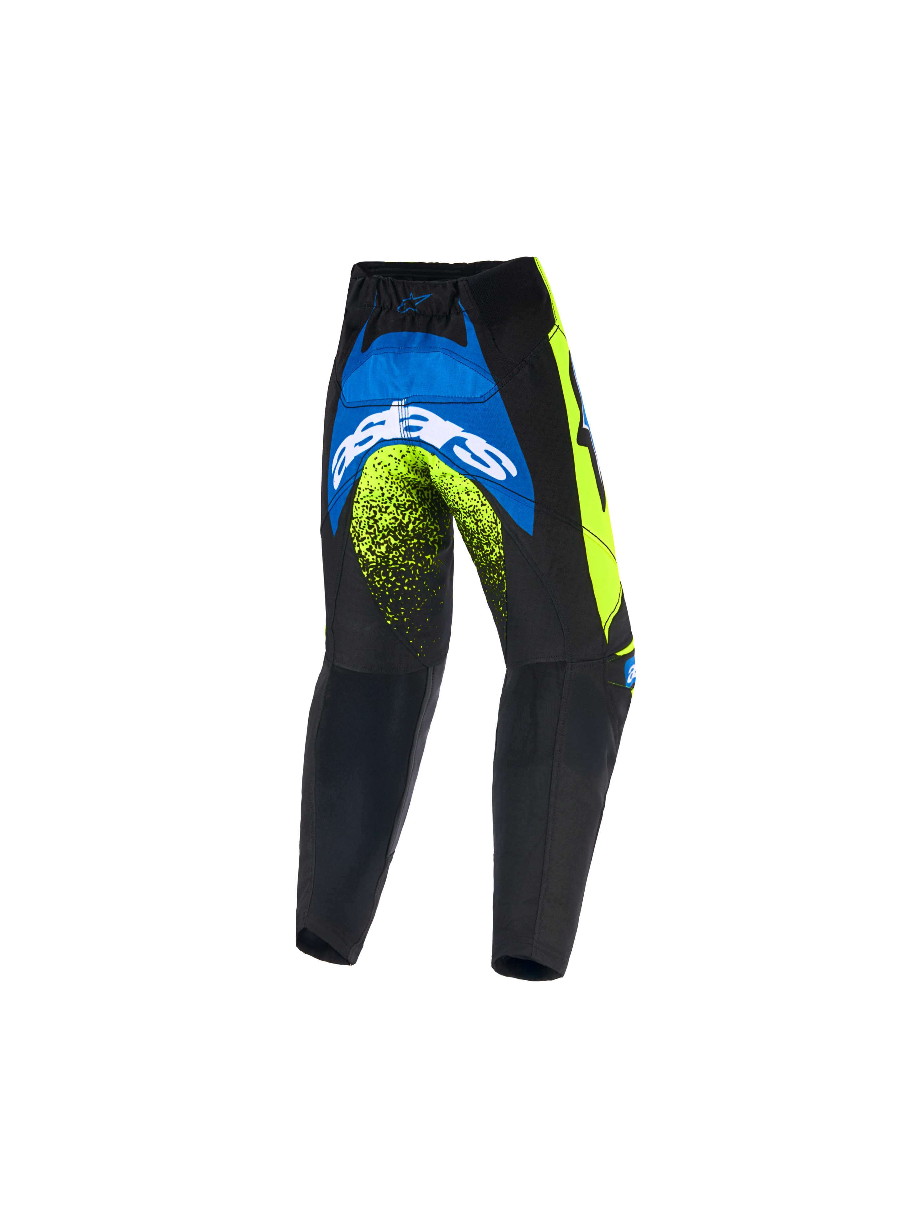 Alpinestars 2026 Kids Racer Nomur Pants, pantaloni motocross per ragazzi, blu scuro, giallo fluo e blu UCLA, vista posteriore con logo Astars bianco e accenti neon, design resistente per fuoristrada