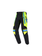 Pantaloni Alpinestars Racer Nomur Bambino 2026, pantaloni da motocross per ragazzi, blu scuro con accenti giallo fluo e blu UCLA, con logo a stella sulla coscia, marchio 'astars' sulle ginocchia e design ergonomico pre-curvato per gare off-road