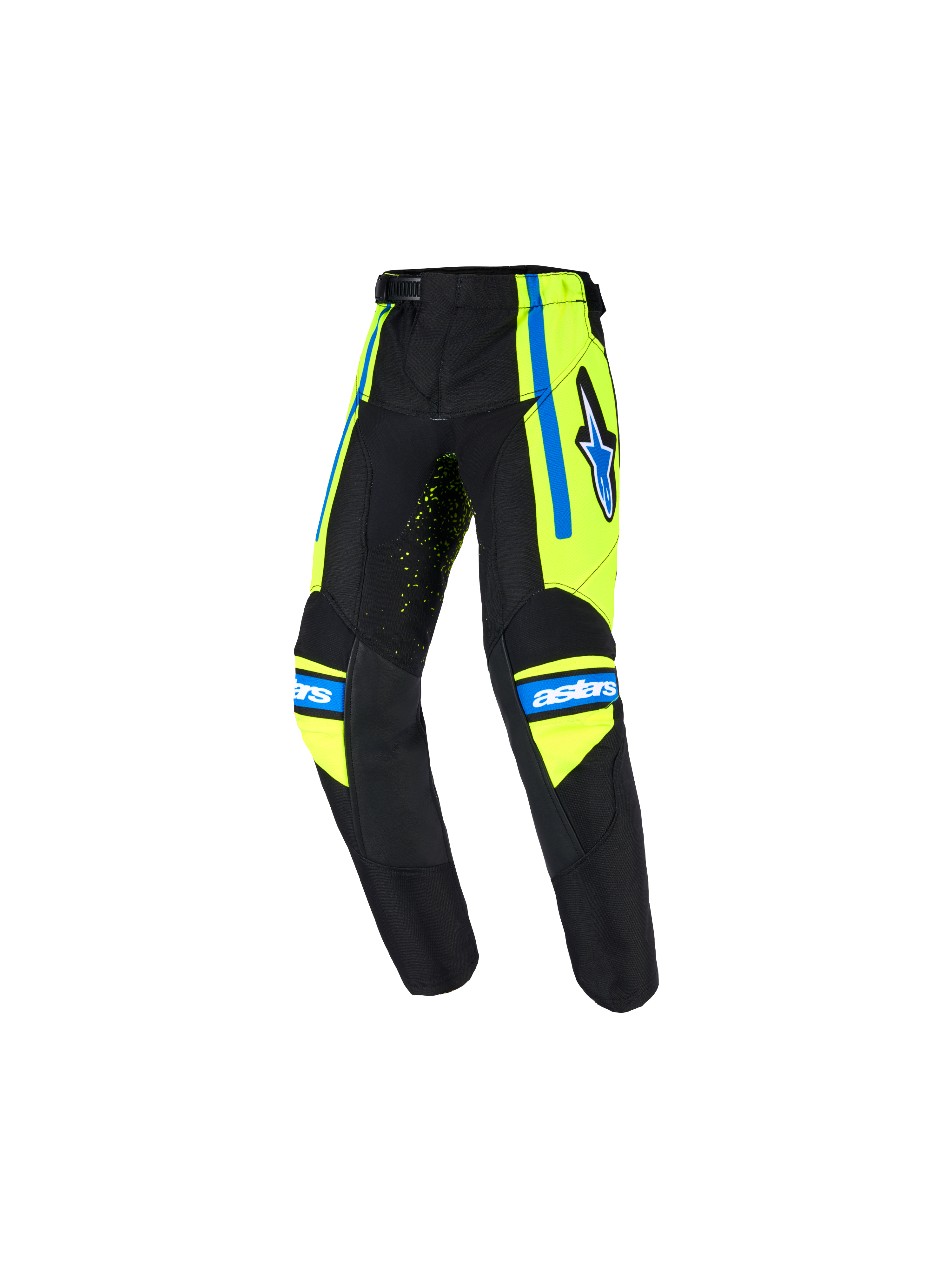 Pantaloni Alpinestars Racer Nomur Bambino 2026, pantaloni da motocross per ragazzi, blu scuro con accenti giallo fluo e blu UCLA, con logo a stella sulla coscia, marchio 'astars' sulle ginocchia e design ergonomico pre-curvato per gare off-road