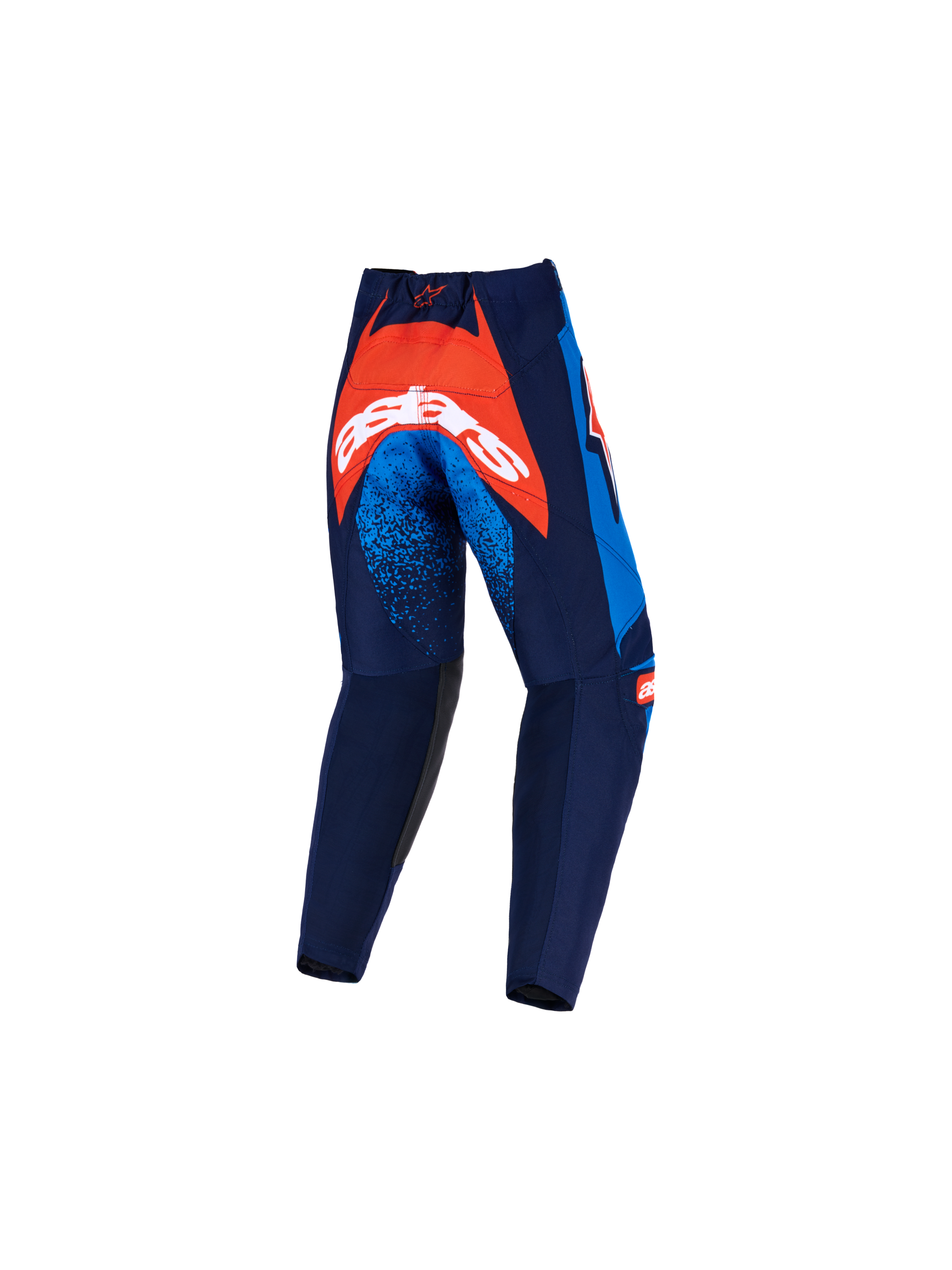 Alpinestars Pantaloni Racer Nomur Bambino 2026, pantaloni da motocross, blu navy scuro, arancione e blu UCLA, vista posteriore con un ampio pannello arancione sulla seduta e logo bianco, dettagli punteggiati blu sulle cosce e costruzione in tessuto resistente per la guida fuoristrada.