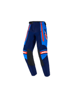Alpinestars Pantaloni Kids Racer Nomur 2026, pantaloni da motocross per ragazzi, blu navy e blu UCLA con accenti arancioni, pannelli interni alle ginocchia in pelle nera, strisce laterali arancioni, logo Astars bianco e design pre-curvato per gare fuoristrada