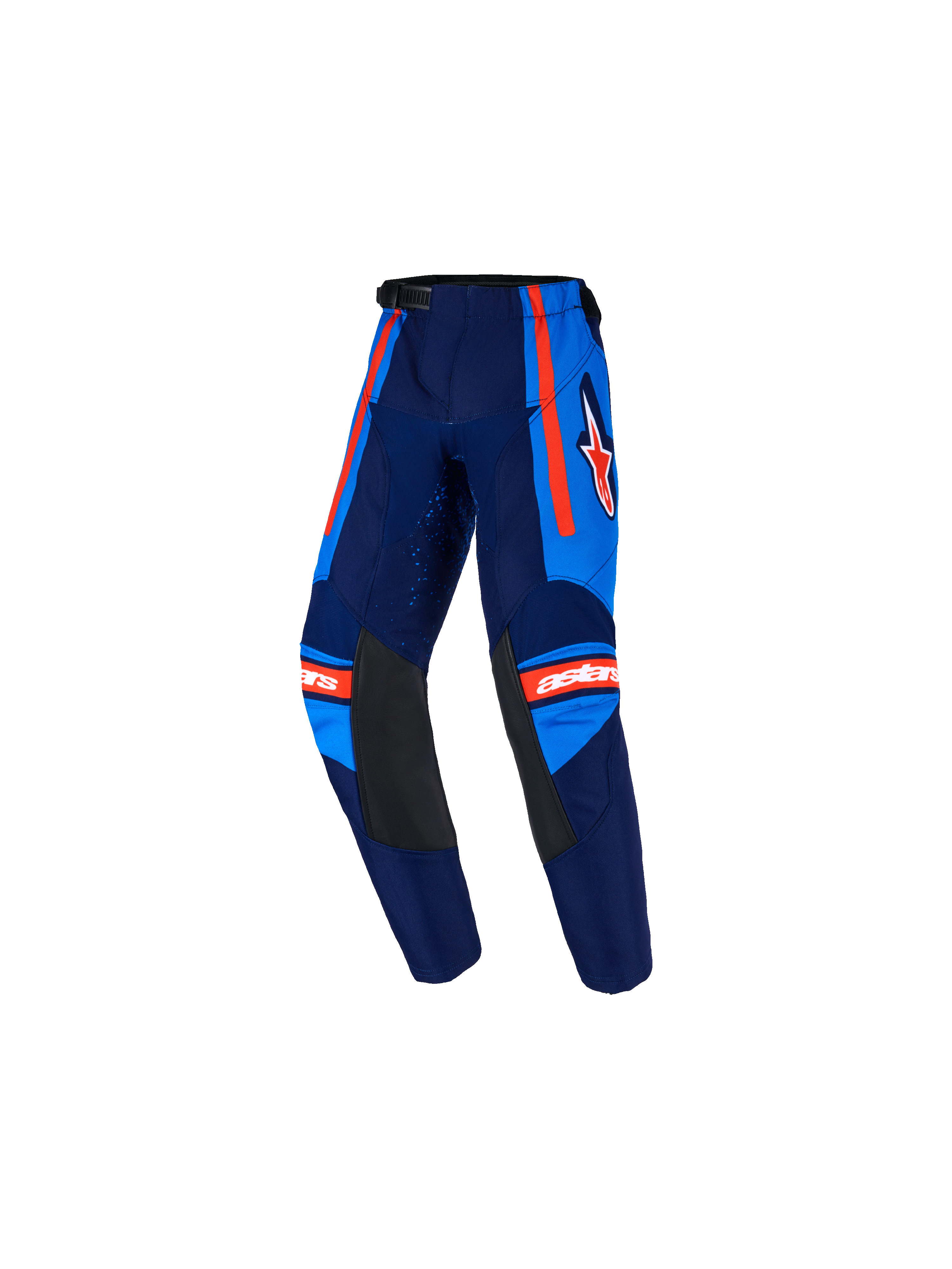 Alpinestars Pantaloni Kids Racer Nomur 2026, pantaloni da motocross per ragazzi, blu navy e blu UCLA con accenti arancioni, pannelli interni alle ginocchia in pelle nera, strisce laterali arancioni, logo Astars bianco e design pre-curvato per gare fuoristrada