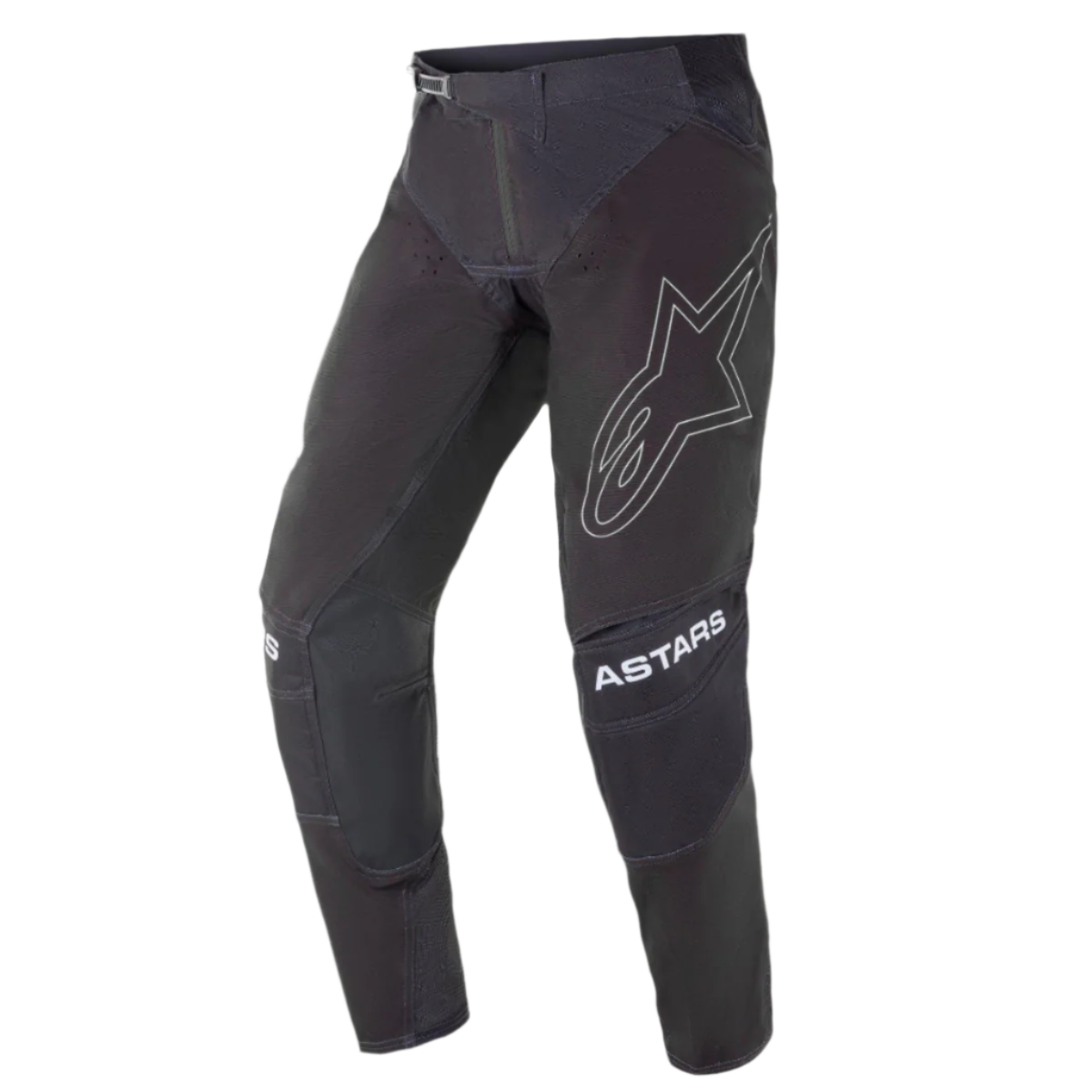 Alpinestars 2021 Techstar Phantom Pants, pantaloni da motocross, nero con accenti bianchi, logo a stella sagomato sulla coscia, marchio ASTARS sulle ginocchia, tessuto rip-stop tecnico con zone perforate e costruzione del ginocchio 3D Babel per prestazioni off-road