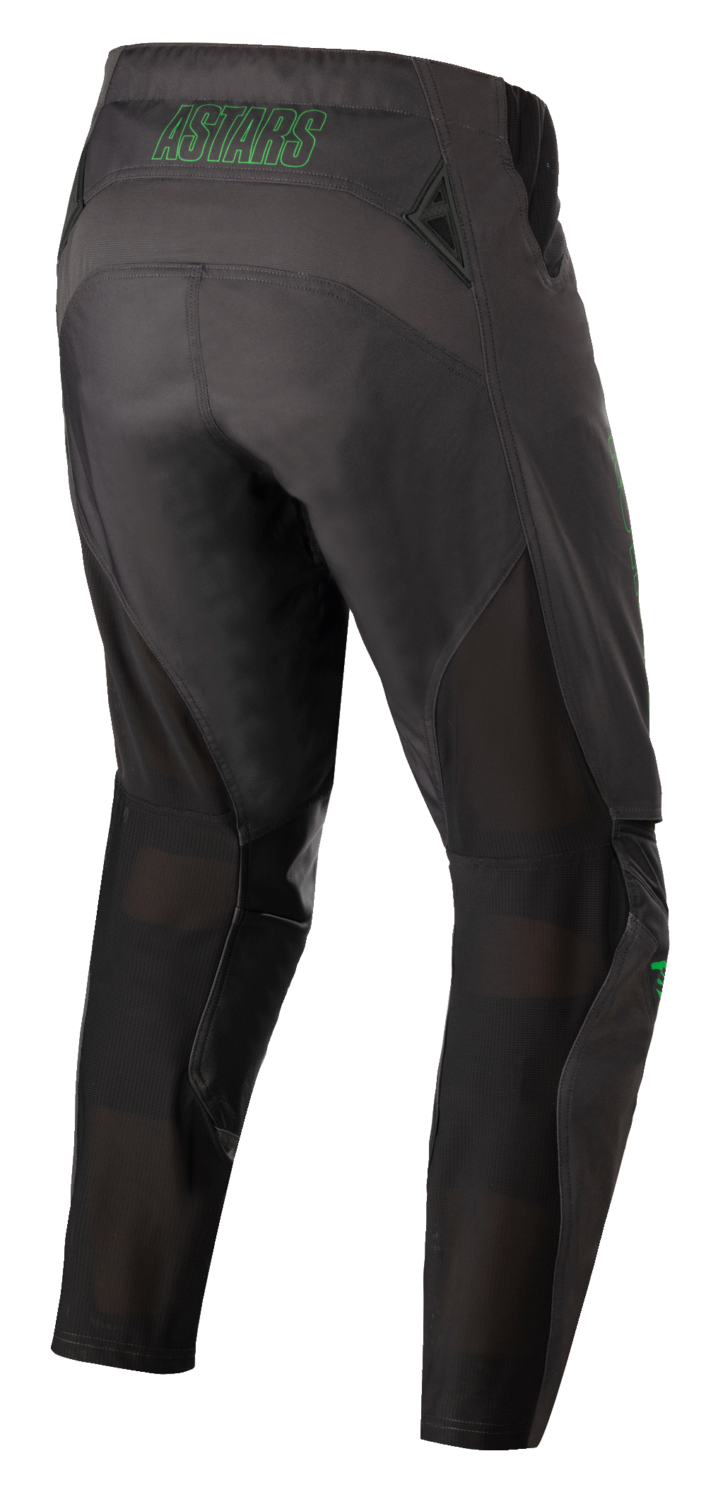 Alpinestars Techstar Phantom Pants, pantaloni da motocross, antracite e verde neon, vista posteriore con marchio 'ASTARS' verde neon sulla vita, pannelli di ventilazione in mesh sul retro delle gambe e seduta rinforzata per la resistenza nelle corse off-road