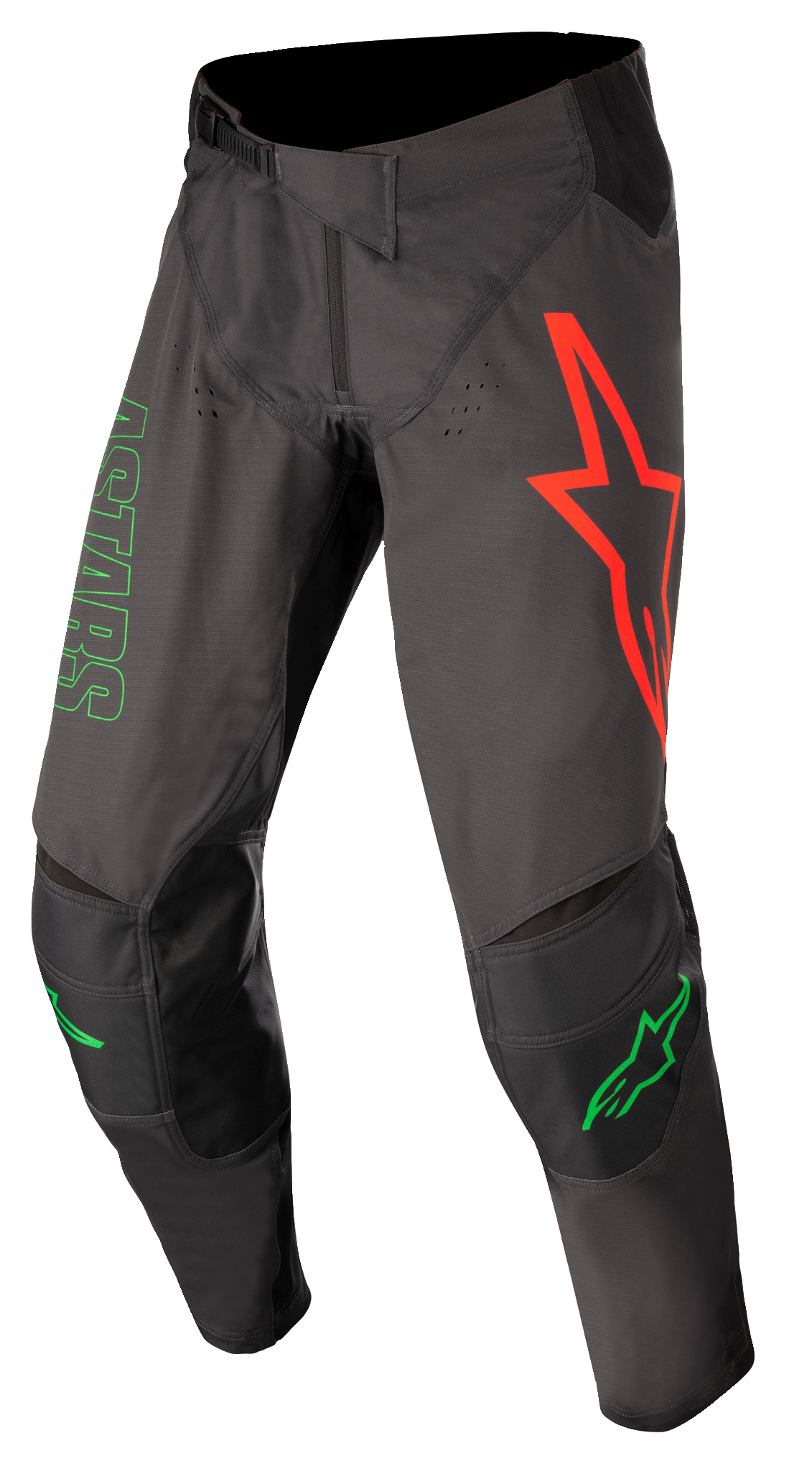 Alpinestars Techstar Phantom Pants, pantaloni da motocross, antracite e verde neon, con un grande logo a stella rossa sulla coscia sinistra, marchio verde ASTARS sul lato, pannelli neri rinforzati sulle ginocchia, chiusura in vita regolabile a cricchetto, abbigliamento tecnico resistente per corse di motocross