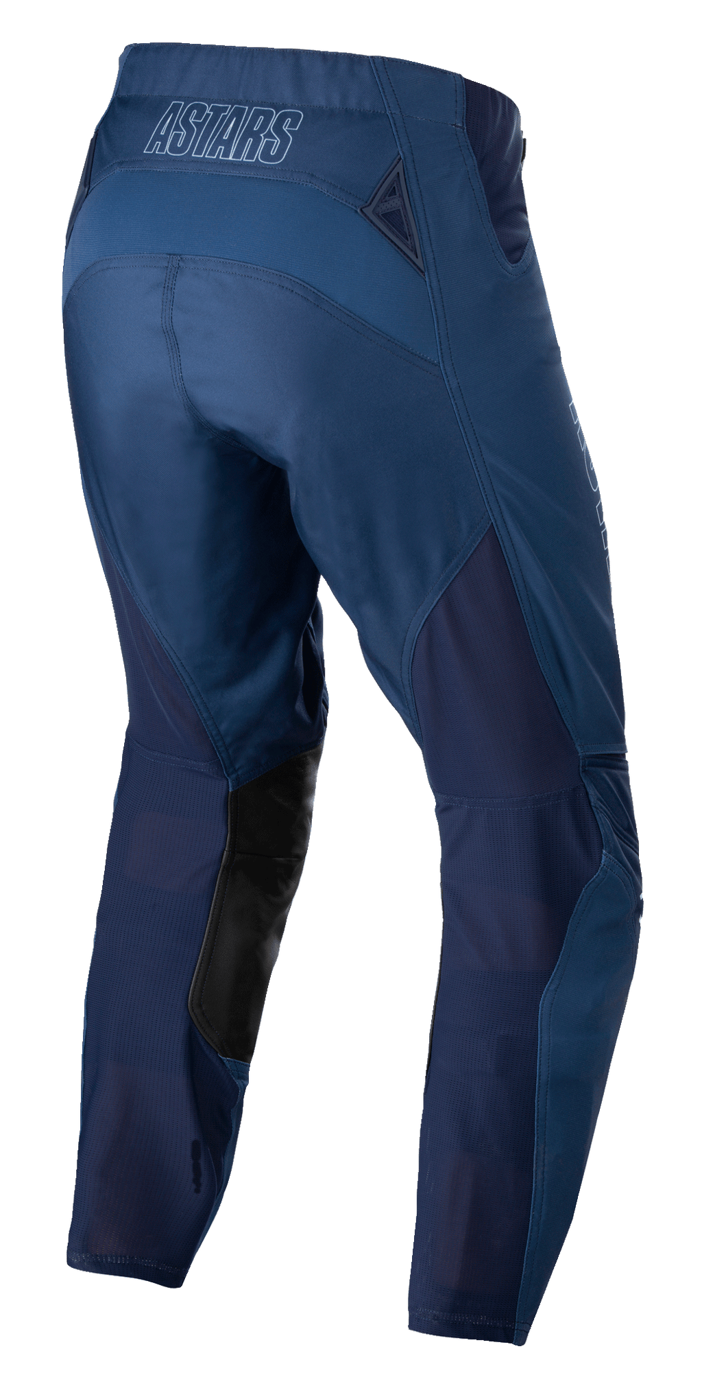 Alpinestars Techstar Phantom Pants, pantaloni da motocross, blu scuro, vista posteriore con pannelli in rete traspirante e inserti in pelle nera all'interno della gamba, con logo ASTARS sulla fascia in vita, progettati per prestazioni fuoristrada.