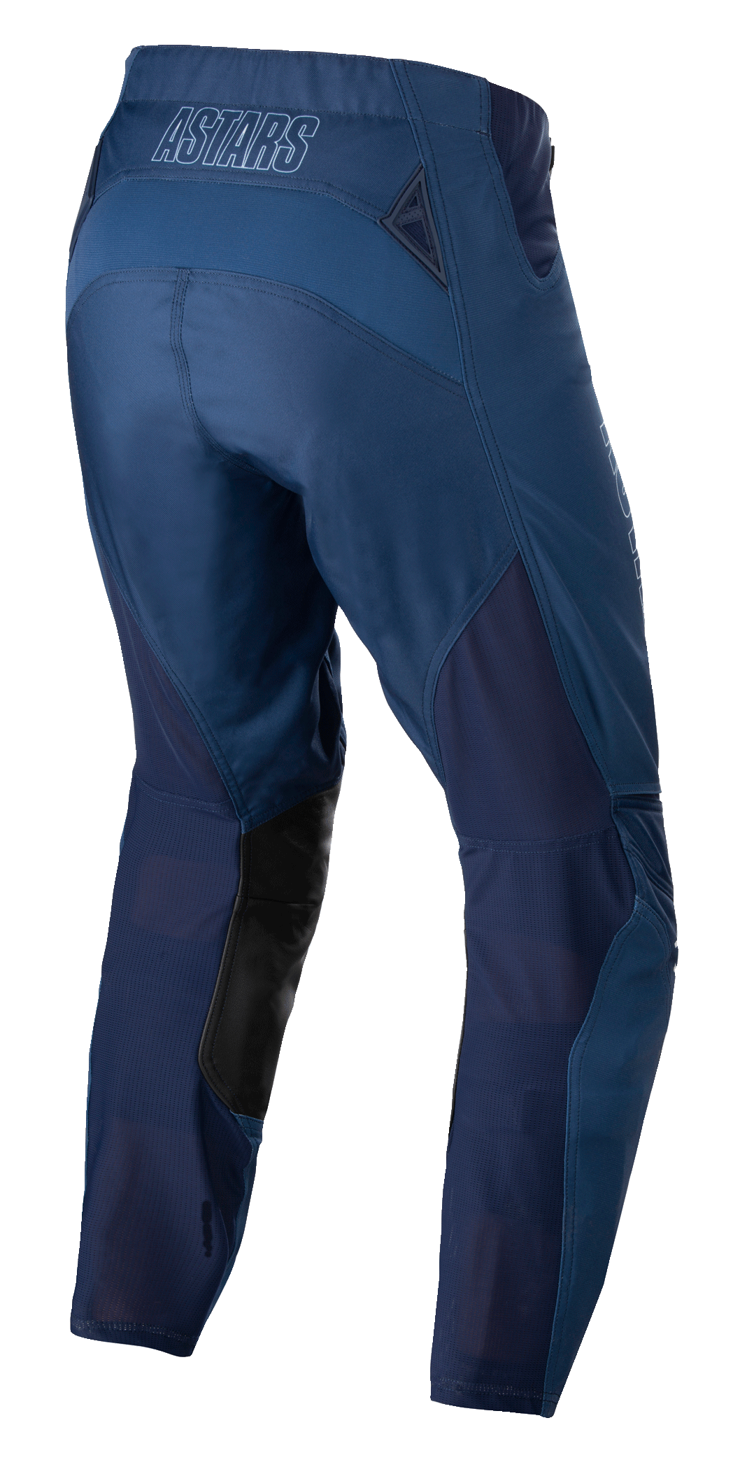 Alpinestars Techstar Phantom Pants, pantaloni da motocross, blu scuro, vista posteriore con pannelli in rete traspirante e inserti in pelle nera all'interno della gamba, con logo ASTARS sulla fascia in vita, progettati per prestazioni fuoristrada.