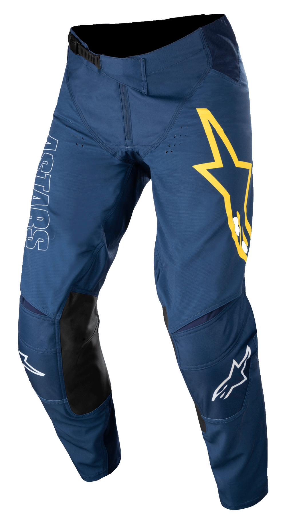 Alpinestars Techstar Phantom Pants, pantaloni da motocross, blu scuro con accenti gialli e bianchi, pannelli sulle ginocchia in pelle nera, grande logo a stella giallo sulla coscia, marchio ASTARS bianco, tessuto stretch anti-strappo resistente per gare fuoristrada