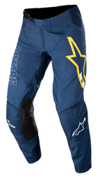 Alpinestars Techstar Phantom Pants, pantaloni da motocross, blu scuro con accenti gialli e bianchi, pannelli sulle ginocchia in pelle nera, grande logo a stella giallo sulla coscia, marchio ASTARS bianco, tessuto stretch anti-strappo resistente per gare fuoristrada