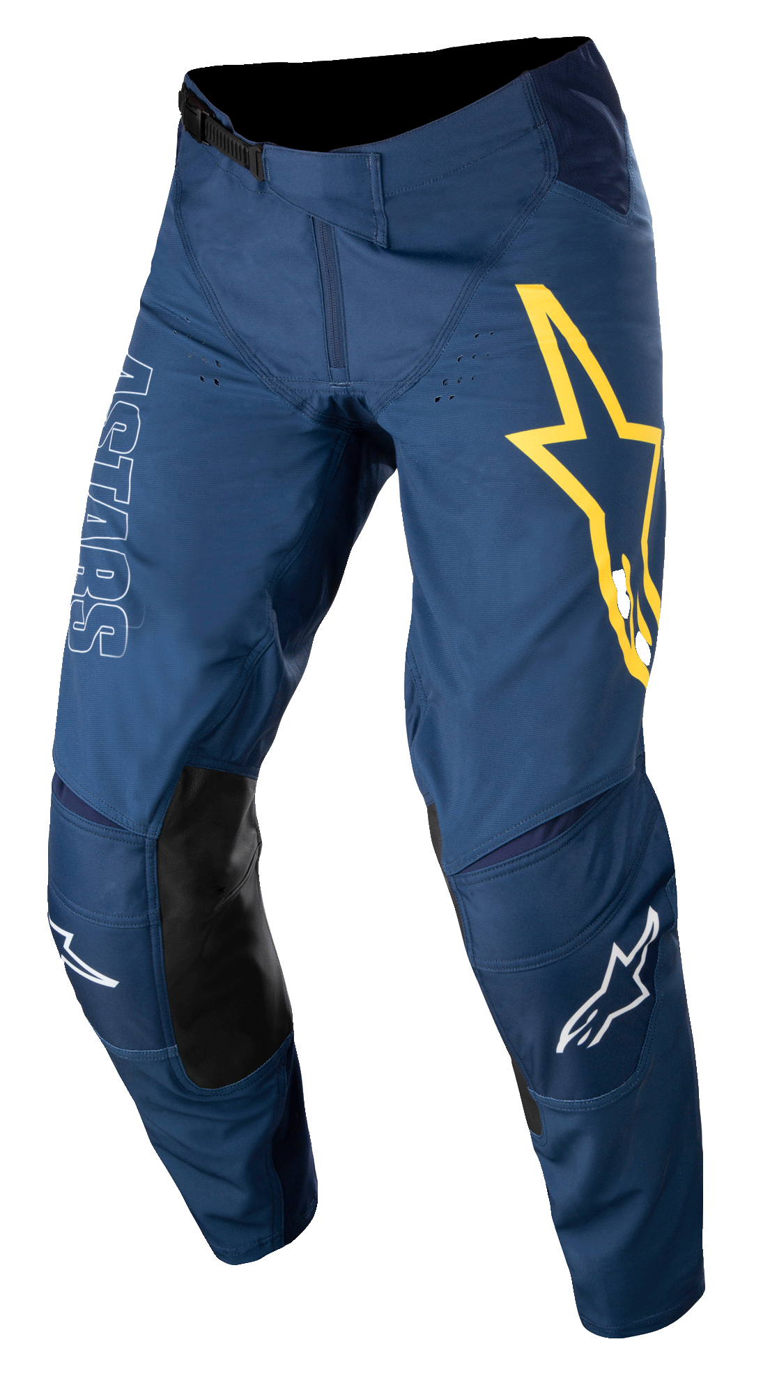 Alpinestars Techstar Phantom Pants, pantaloni da motocross, blu scuro con accenti gialli e bianchi, pannelli sulle ginocchia in pelle nera, grande logo a stella giallo sulla coscia, marchio ASTARS bianco, tessuto stretch anti-strappo resistente per gare fuoristrada