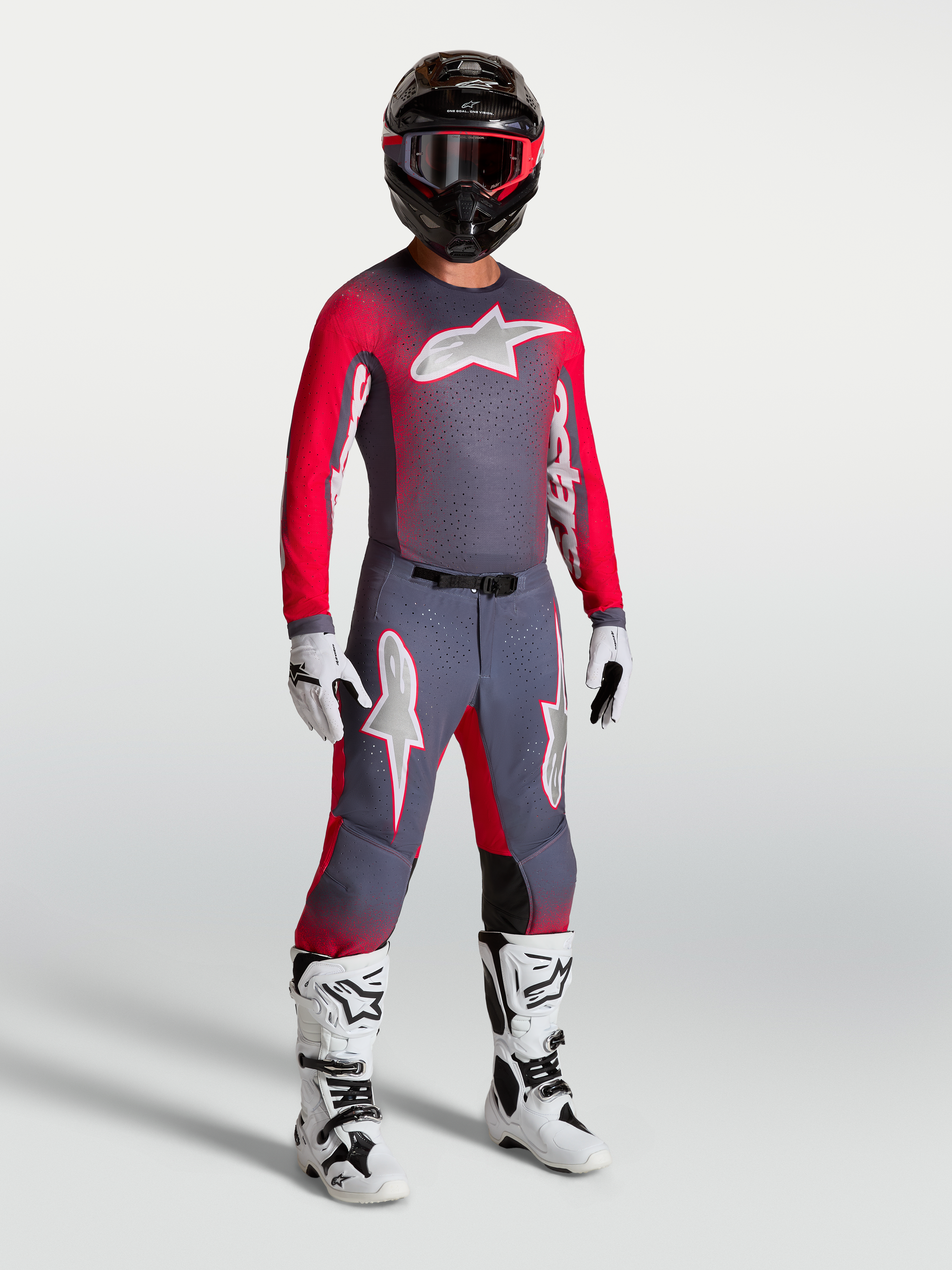 Alpinestars pantaloni Supertech Hiten AFD e Gear Set, completo da motocross uomo, grigio e rosso fluo, vestibilità racing.