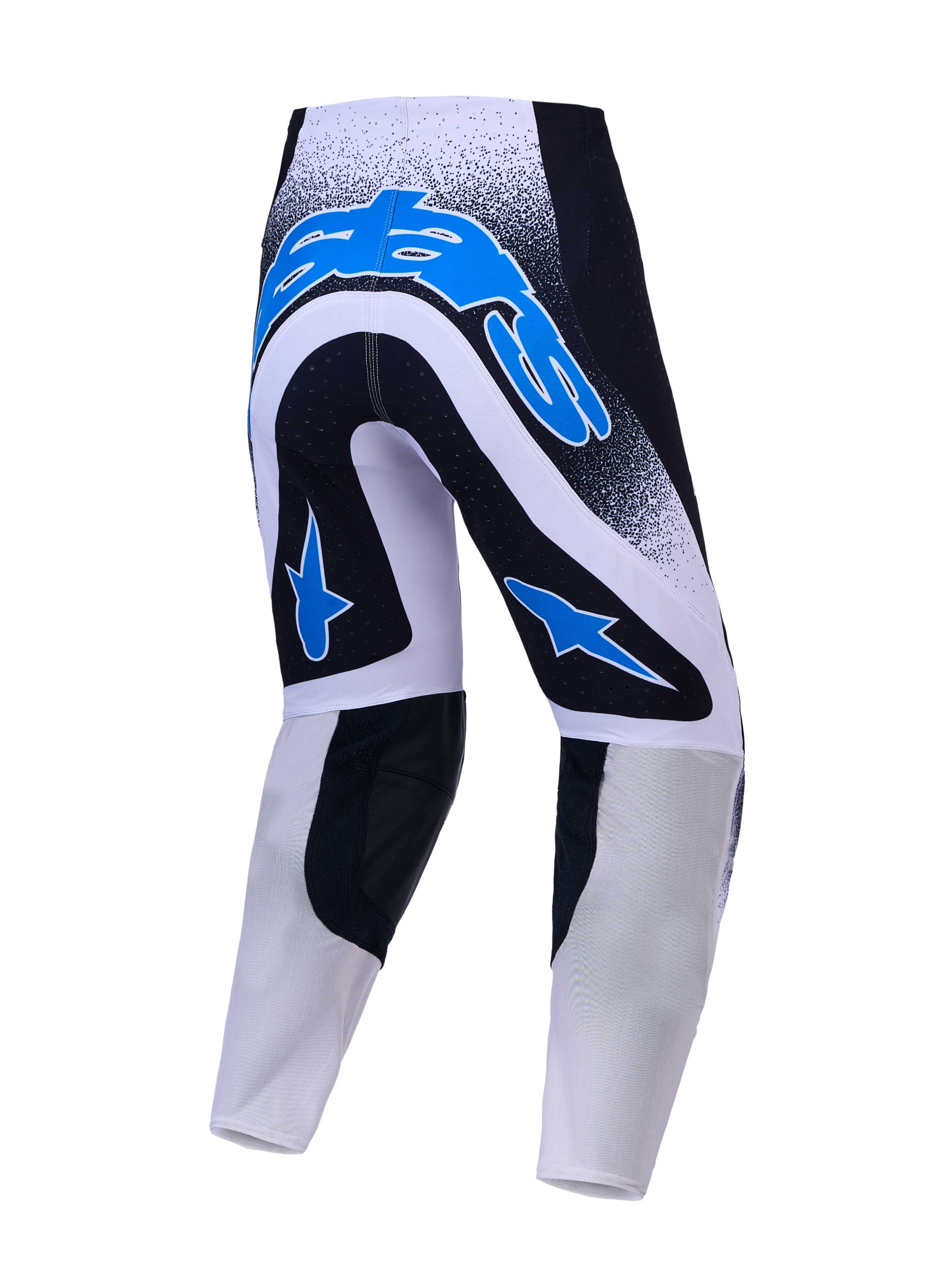 Alpinestars Pantaloni Supertech Hiten AFD, pantaloni motocross, vista posteriore, neri, bianchi e blu, in mesh elasticizzato.