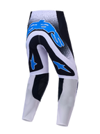 Alpinestars Pantaloni Supertech Hiten AFD, pantaloni motocross da uomo, blu, bianchi e neri, in ripstop, vista posteriore.