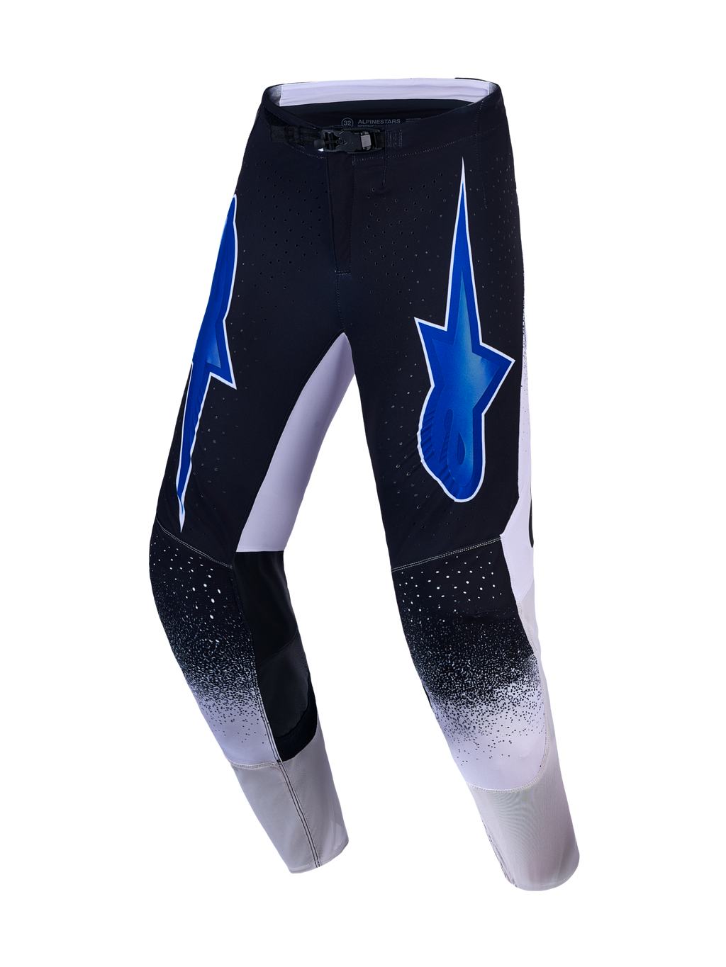 Alpinestars pantaloni Supertech Hiten AFD, pantaloni da motocross neri e bianchi con grafiche a stella blu e ventilazione.
