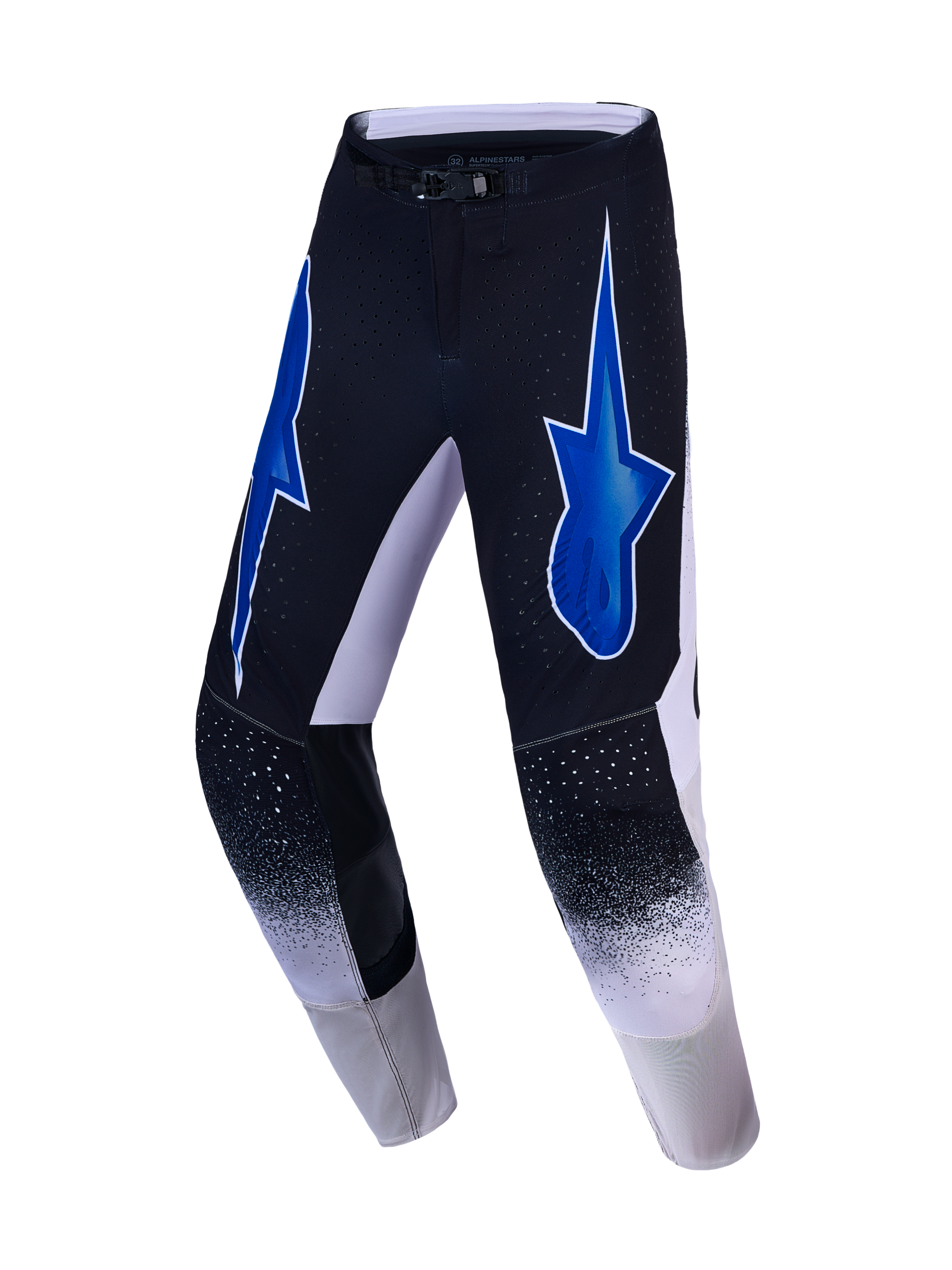 Alpinestars pantaloni Supertech Hiten AFD, pantaloni da motocross neri e bianchi con grafiche a stella blu e ventilazione.