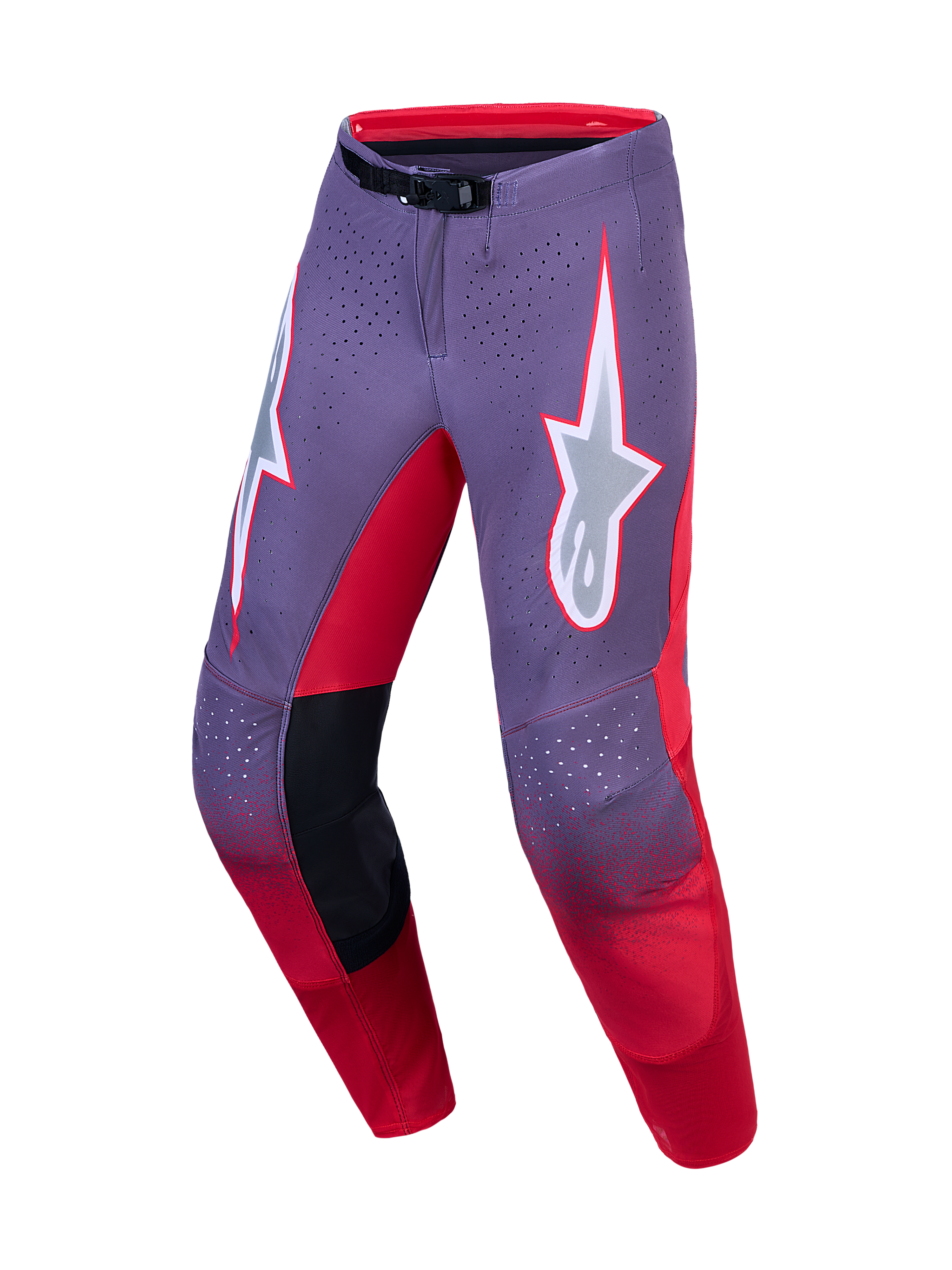 Alpinestars Supertech Hiten AFD, pantaloni da motocross viola e rossi con ventilazione tagliata al laser e vestibilità racing precisa, abbigliamento tecnico off-road