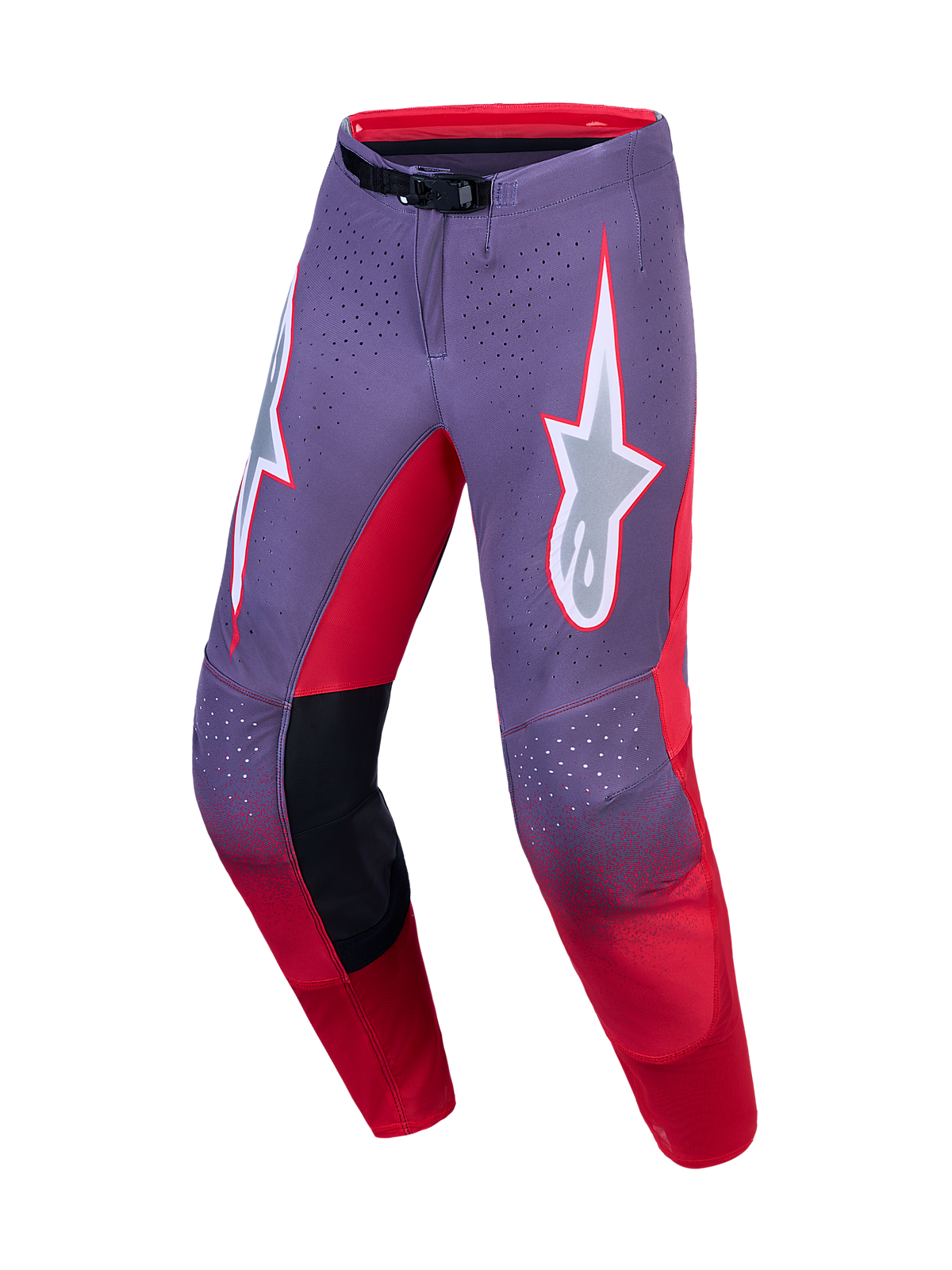 Alpinestars pantaloni Supertech Hiten AFD, pantaloni da motocross per uomo, lilla chiaro e rosso fluo, costruzione in ripstop elasticizzato con logo a stella bianco e fibbia magnetica SX1