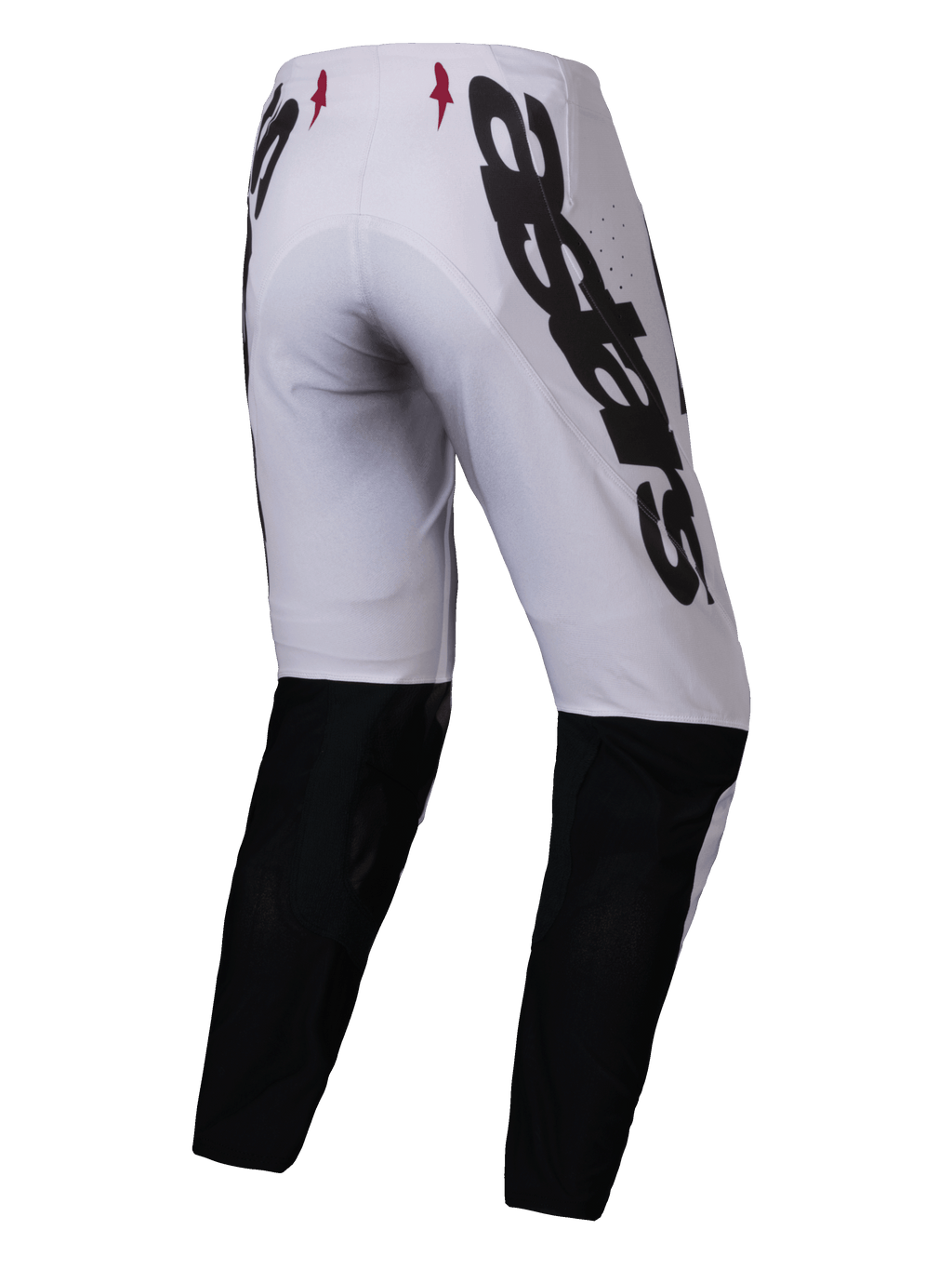 Alpinestars 2025 Supertech Maker Pants, pantaloni da motocross, argento e nero, vista posteriore con grande marchio Alpinestars nero sul lato, pannelli neri sulla parte inferiore della gamba e piccoli loghi a stella rossi sulla fascia in vita, progettati per prestazioni professionali fuoristrada