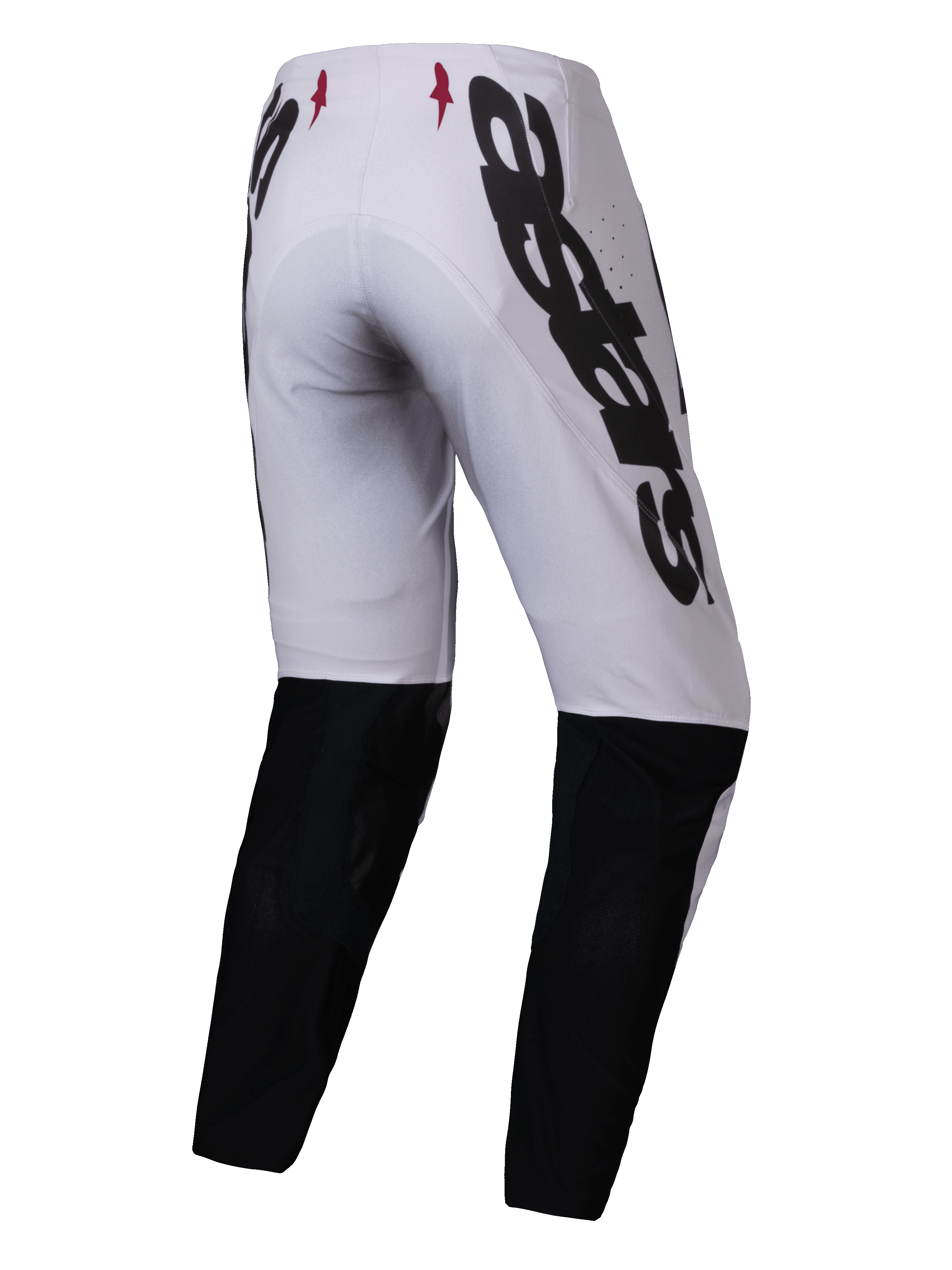 Alpinestars 2025 Supertech Maker Pants, pantaloni da motocross, argento e nero, vista posteriore con grande marchio Alpinestars nero sul lato, pannelli neri sulla parte inferiore della gamba e piccoli loghi a stella rossi sulla fascia in vita, progettati per prestazioni professionali fuoristrada