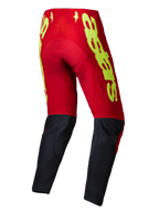 Alpinestars 2025 Supertech Maker Pants, pantaloni da motocross, rosso vivo e giallo fluo, vista posteriore con branding giallo sulla parte superiore rossa e pannelli neri sulla parte inferiore della gamba, progettati per prestazioni fuoristrada