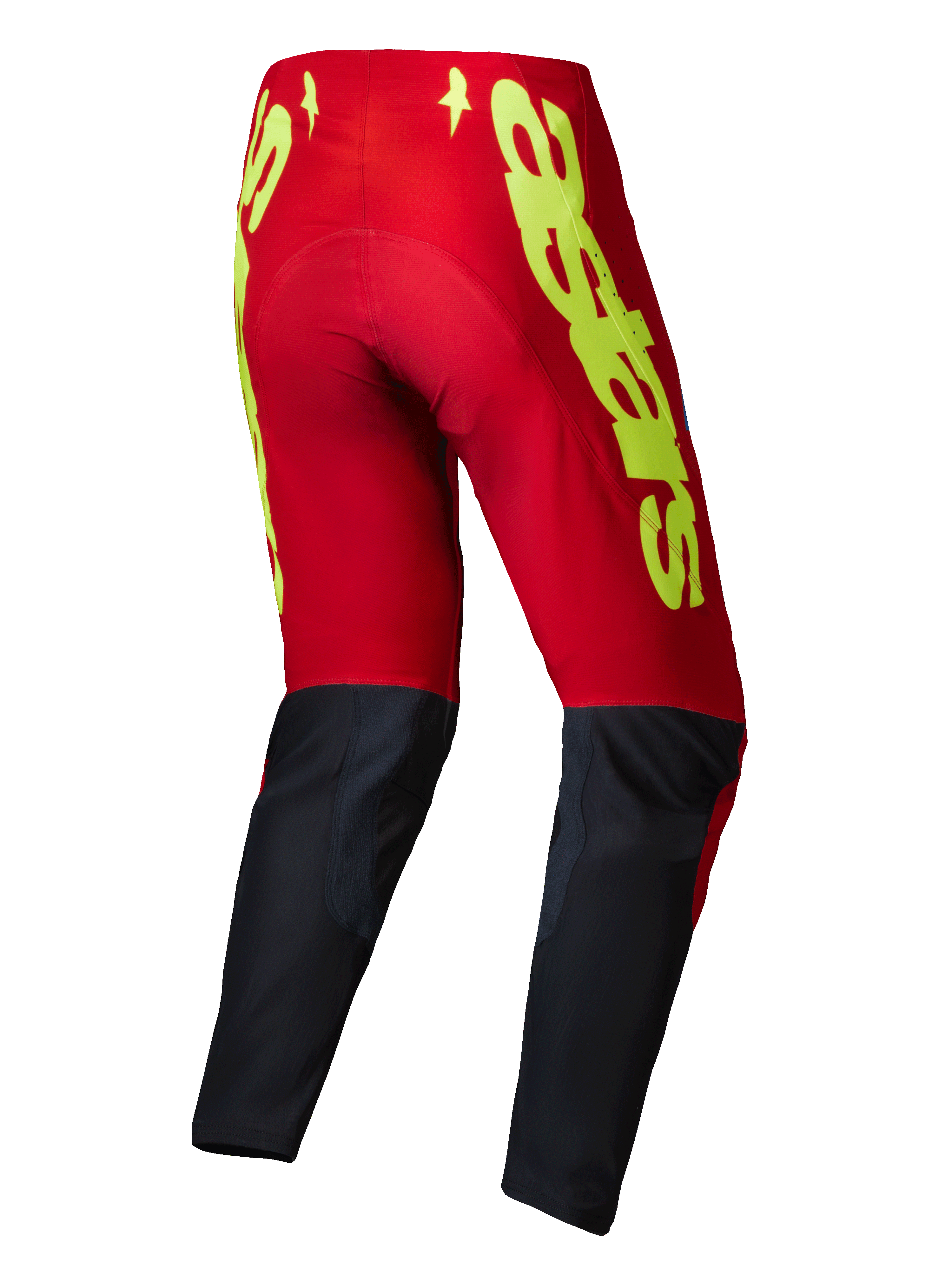 Alpinestars 2025 Supertech Maker Pants, pantaloni da motocross, rosso vivo e giallo fluo, vista posteriore con branding giallo sulla parte superiore rossa e pannelli neri sulla parte inferiore della gamba, progettati per prestazioni fuoristrada