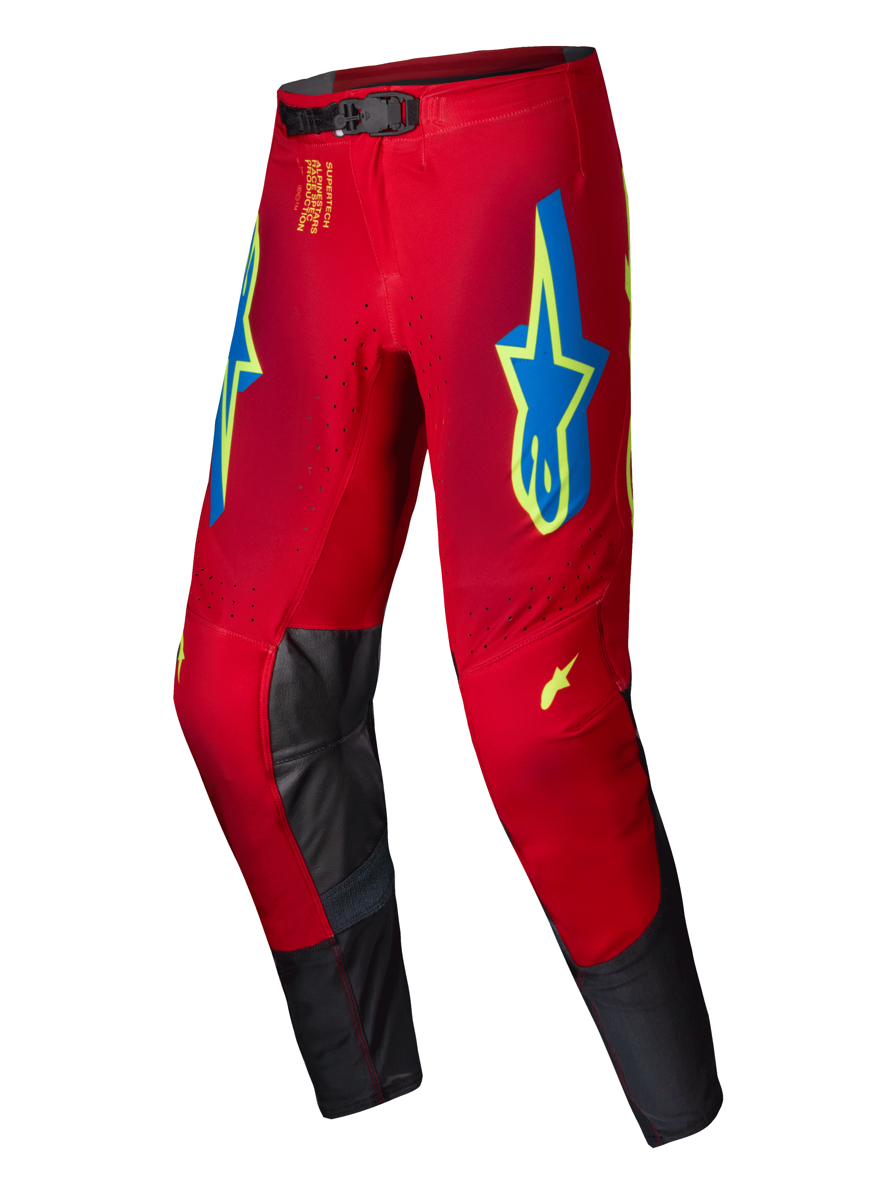 Alpinestars 2025 Supertech Maker Pants, pantaloni da motocross, rosso vivace con accenti giallo fluo e blu, grandi loghi a stella sulle cosce e pannelli interni alle ginocchia in pelle nera, chiusura magnetica in vita, abbigliamento professionale per fuoristrada