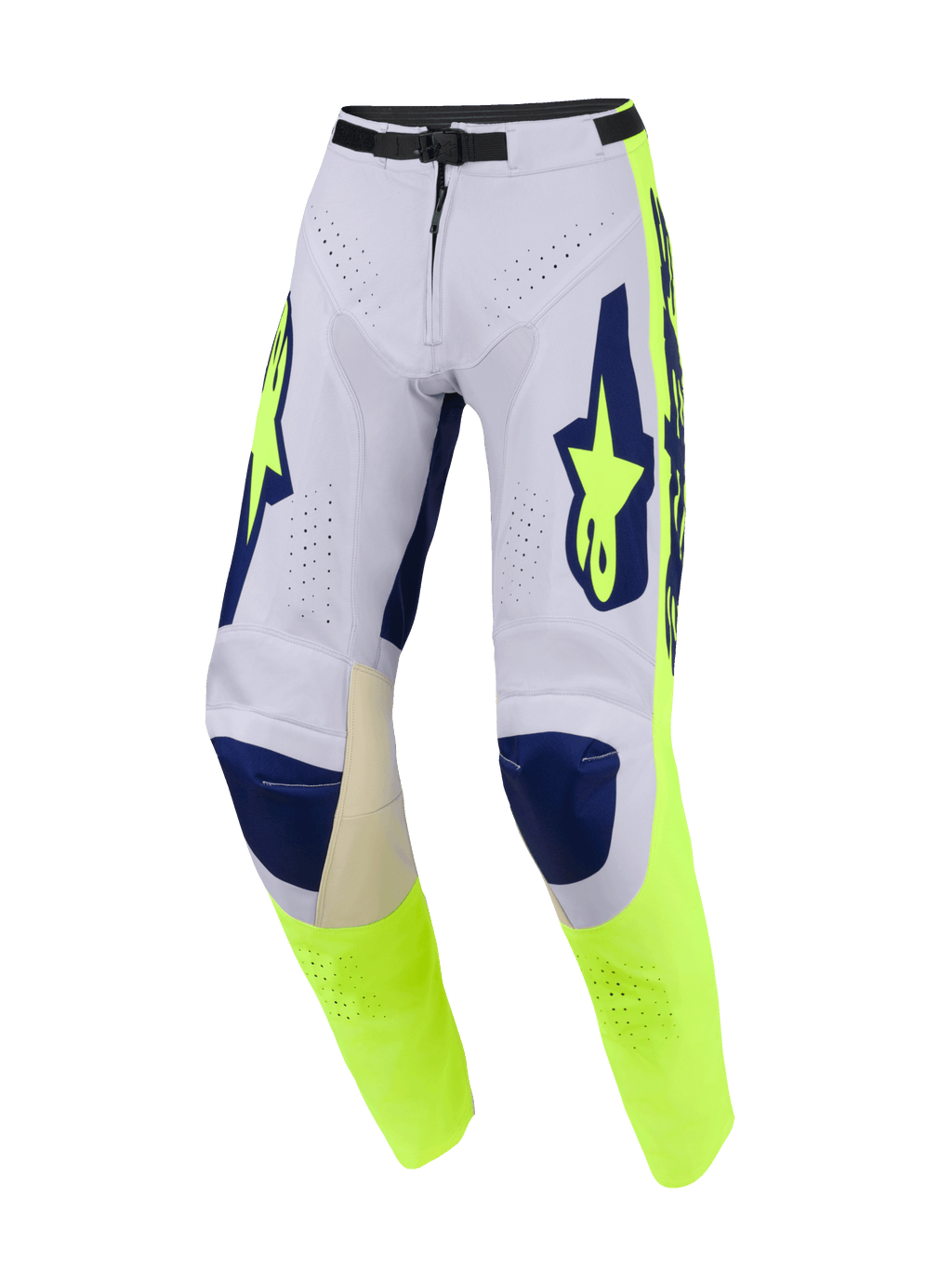 Alpinestars Pantaloni Racer Air Riway 2026, pantaloni da motocross, grigio chiaro, giallo fluo e blu, caratterizzati da ampie perforazioni per il flusso d'aria, sezioni delle ginocchia blu scuro e pannelli laterali giallo fluorescente con loghi evidenti, design performante da fuoristrada.