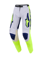 Alpinestars Pantaloni Racer Air Riway 2026, pantaloni da motocross, grigio chiaro, giallo fluo e blu, caratterizzati da ampie perforazioni per il flusso d'aria, sezioni delle ginocchia blu scuro e pannelli laterali giallo fluorescente con loghi evidenti, design performante da fuoristrada.