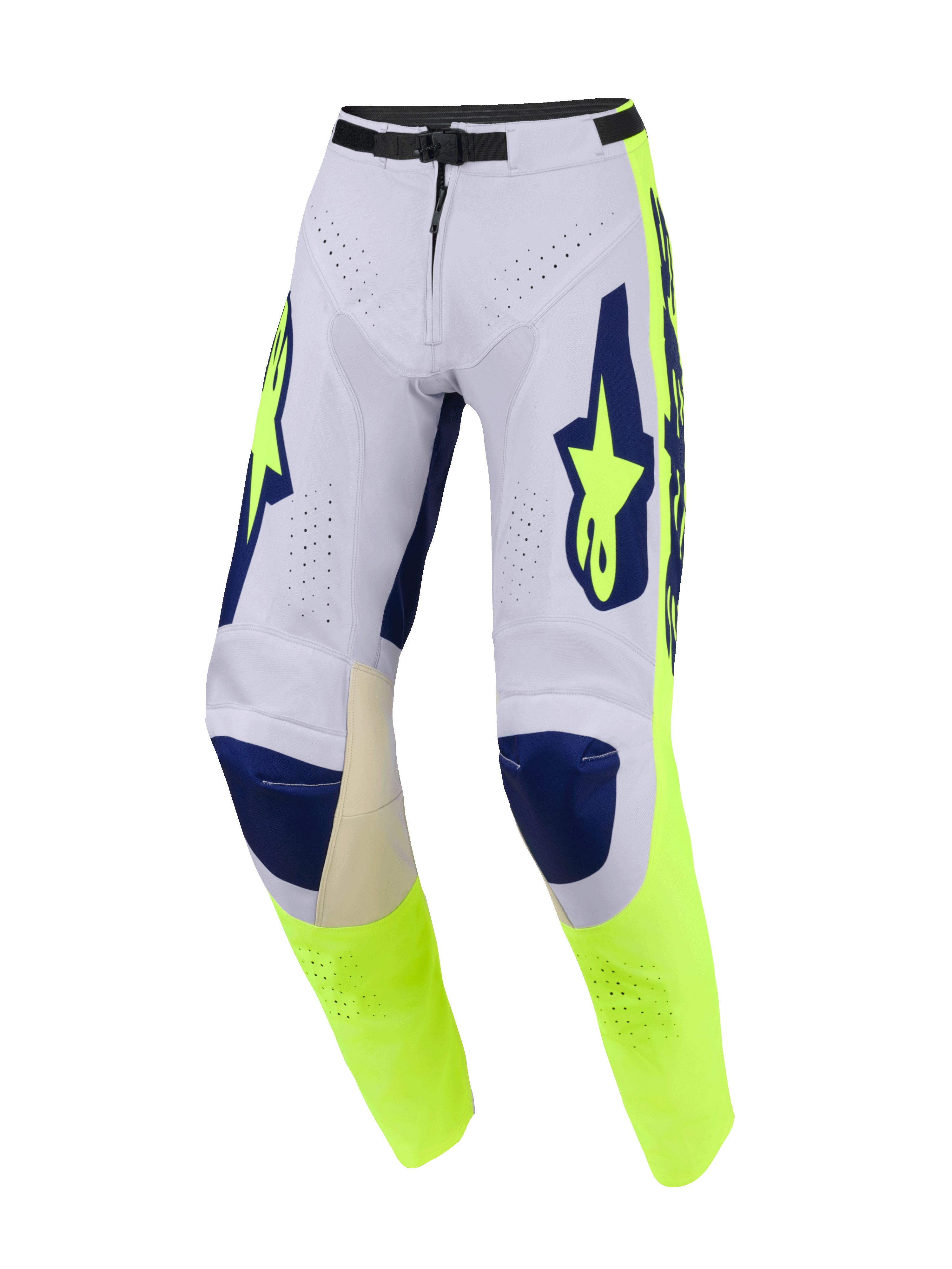 Alpinestars Pantaloni Racer Air Riway 2026, pantaloni da motocross, grigio chiaro, giallo fluo e blu, caratterizzati da ampie perforazioni per il flusso d'aria, sezioni delle ginocchia blu scuro e pannelli laterali giallo fluorescente con loghi evidenti, design performante da fuoristrada.