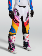 Alpinestars Pantaloni Supertech Dyna, pantaloni da motocross professionali, bianco e blu, in tessuto rip-stop elasticizzato e pannelli in pelle.