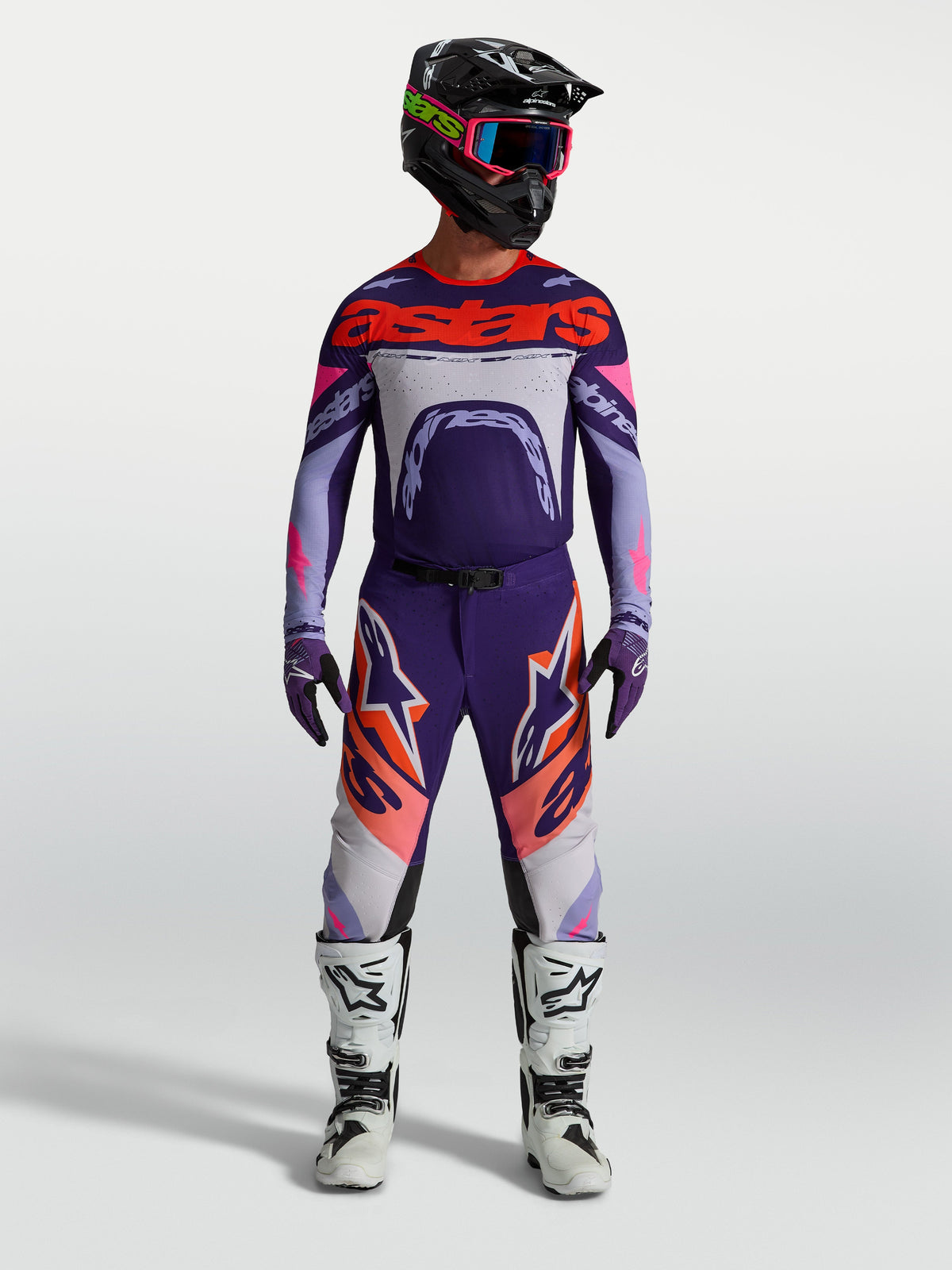 Alpinestars Supertech Dyna Gear Set, completo motocross da uomo, viola e rosa fluo, maglia e pantaloni racing off-road