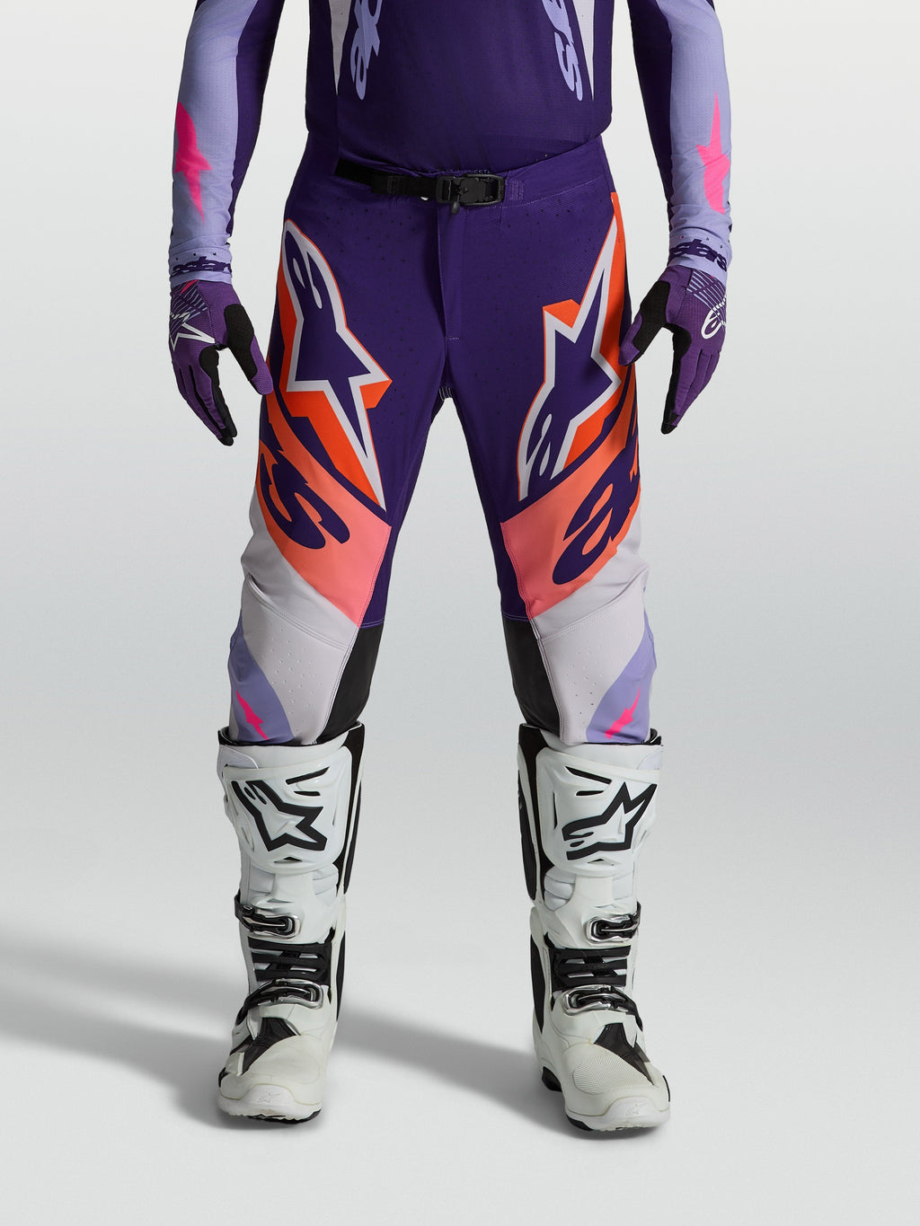 Alpinestars pantaloni Supertech Dyna, pantaloni da motocross da uomo, viola e rosa fluo, in ripstop elasticizzato.
