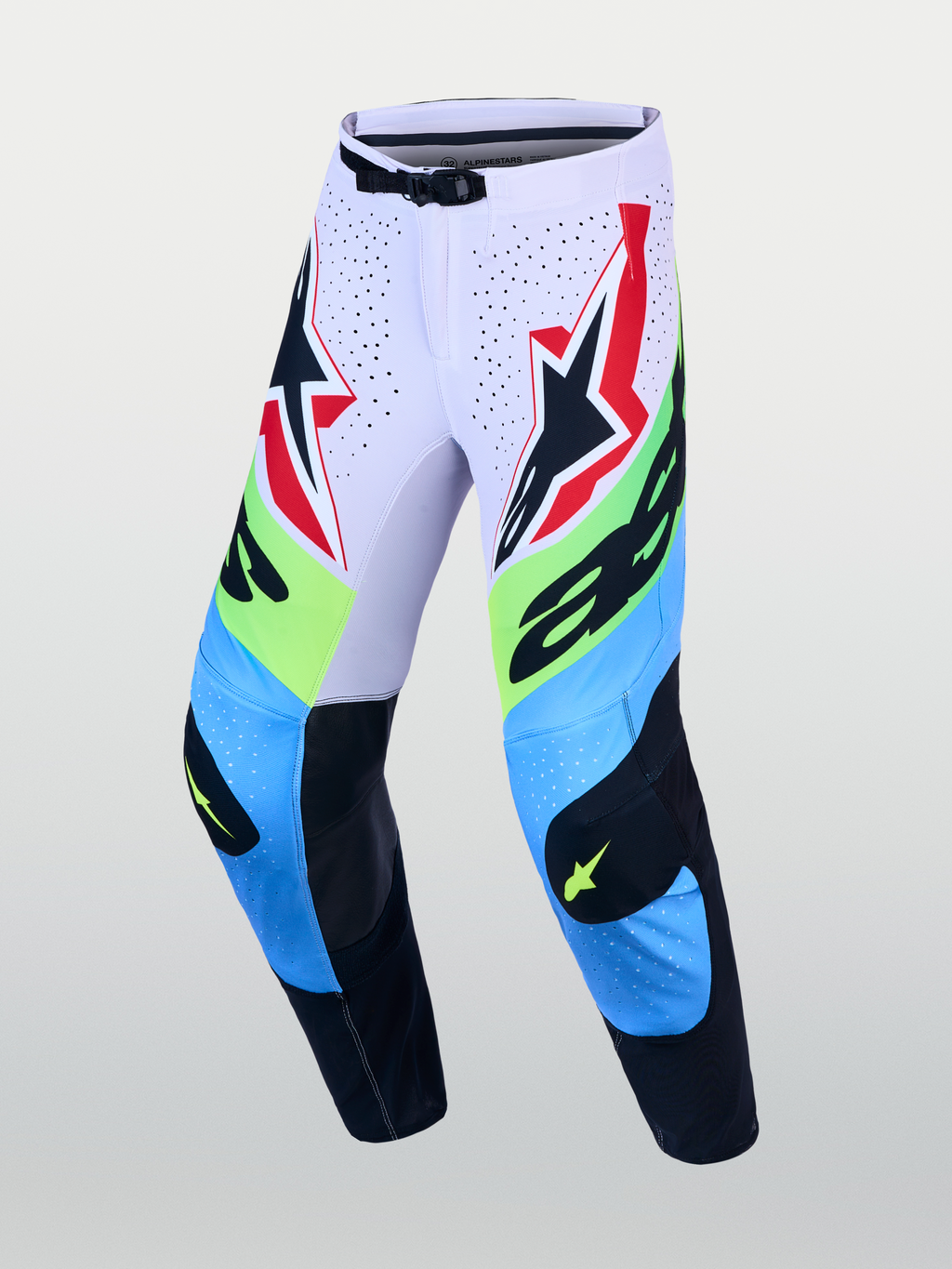 Alpinestars Pantaloni Supertech Dyna, pantaloni da motocross lilla chiaro e verde fluo con pannelli in pelle sulle ginocchia.