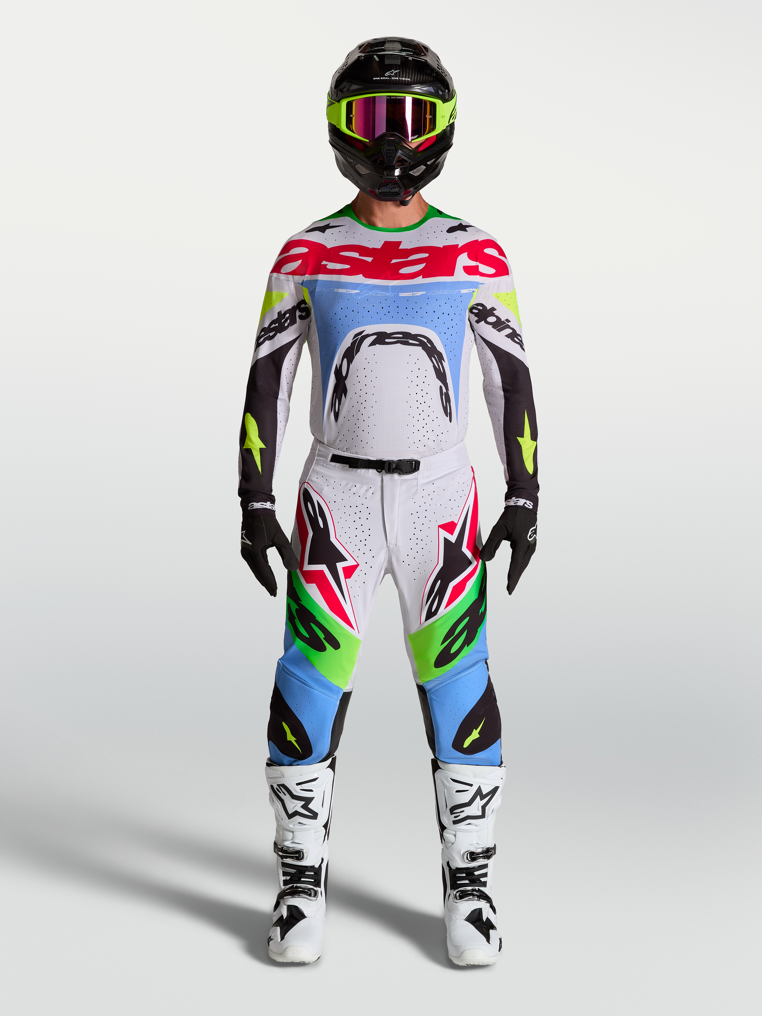 Alpinestars Pantaloni Supertech Dyna, pantaloni da motocross da uomo, verde fluo e lilla chiaro, in rip-stop elasticizzato ad alte prestazioni.