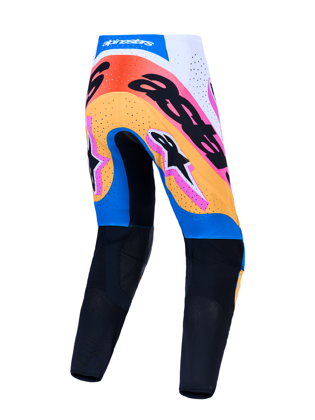 Alpinestars Supertech Dyna, pantaloni motocross uomo, blu e arancione, retro, pannelli perforati e vestibilità racing.