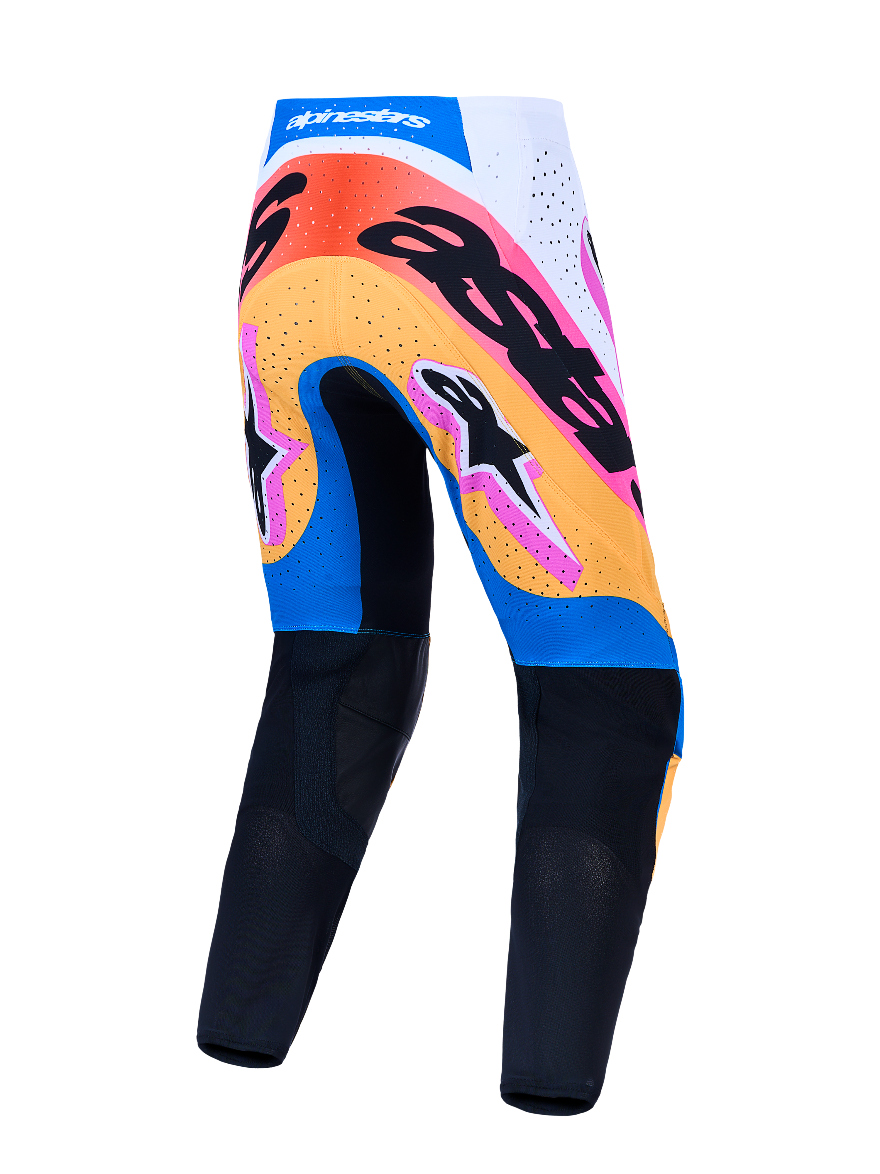 Alpinestars Pantaloni Supertech Dyna, pantaloni motocross da uomo, grafica blu e nera, vista posteriore, performance MX.