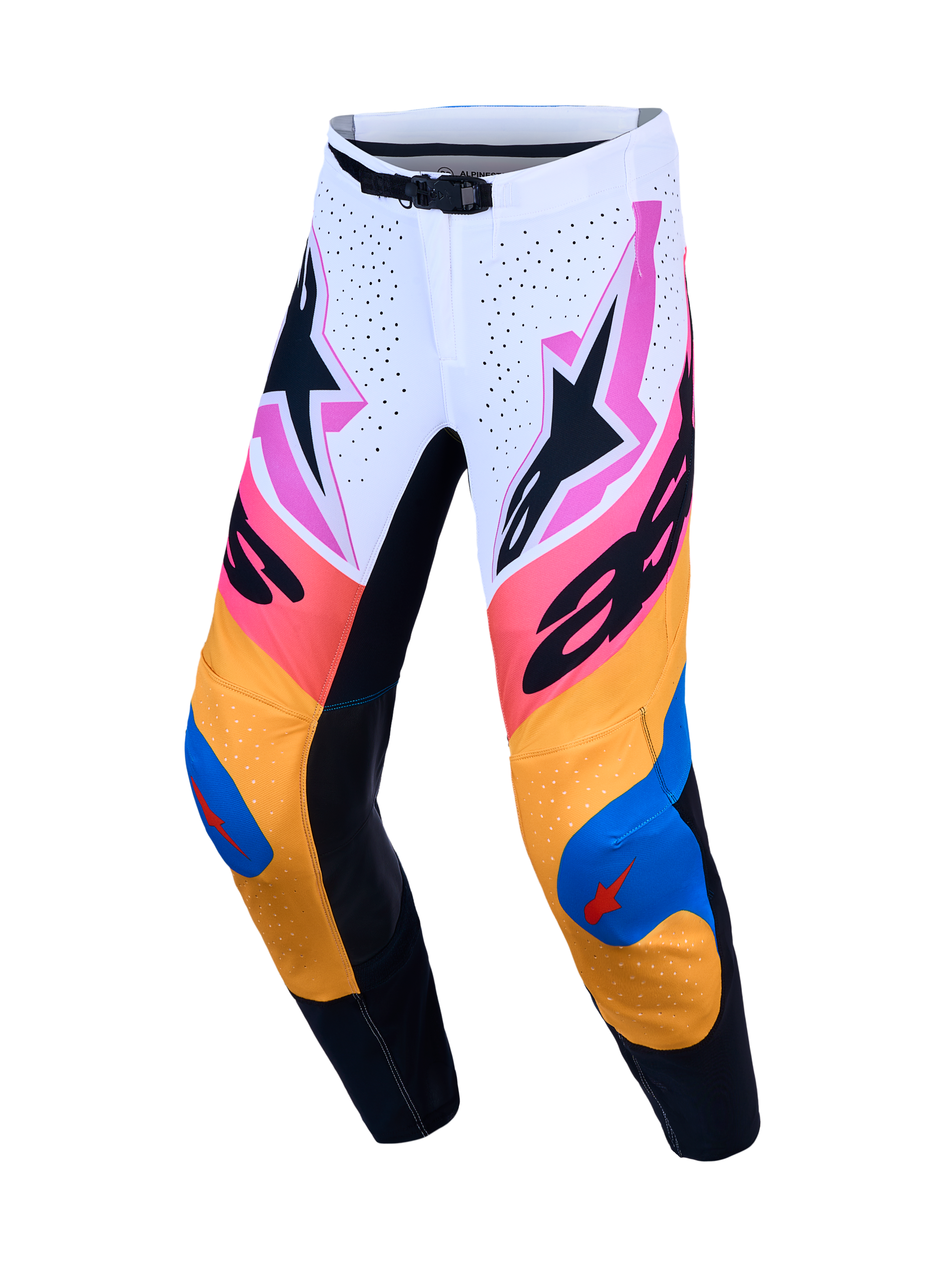 Alpinestars pantaloni Supertech Dyna, pantaloni da motocross uomo, bianchi e blu, grafiche vivaci, in ripstop elasticizzato.