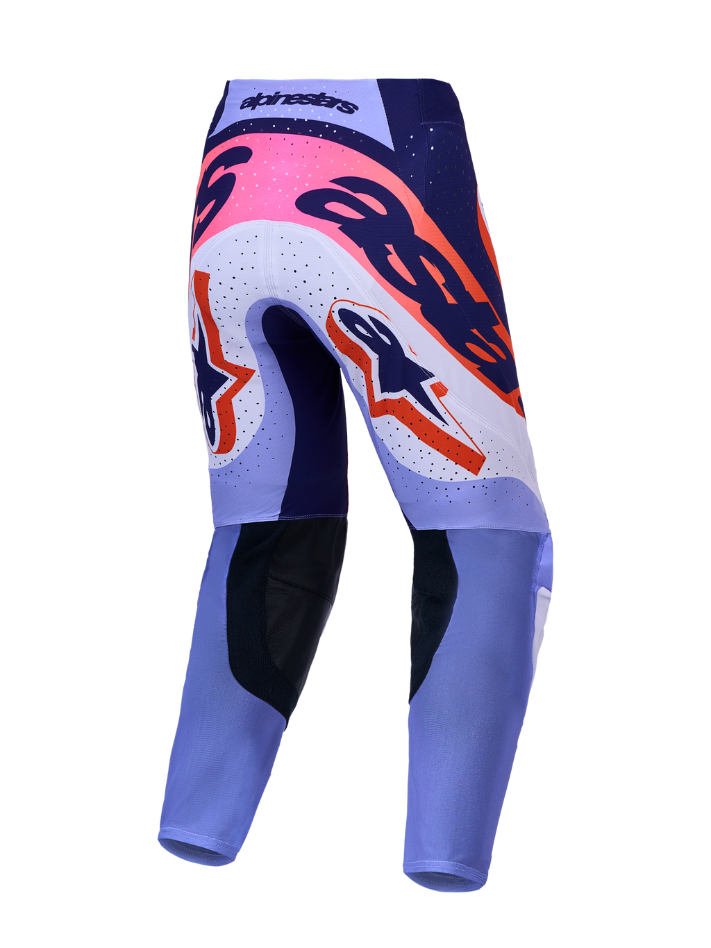 Alpinestars pantaloni Supertech Dyna, da motocross, vista posteriore, viola chiaro e viola scuro con dettagli rosa fluo