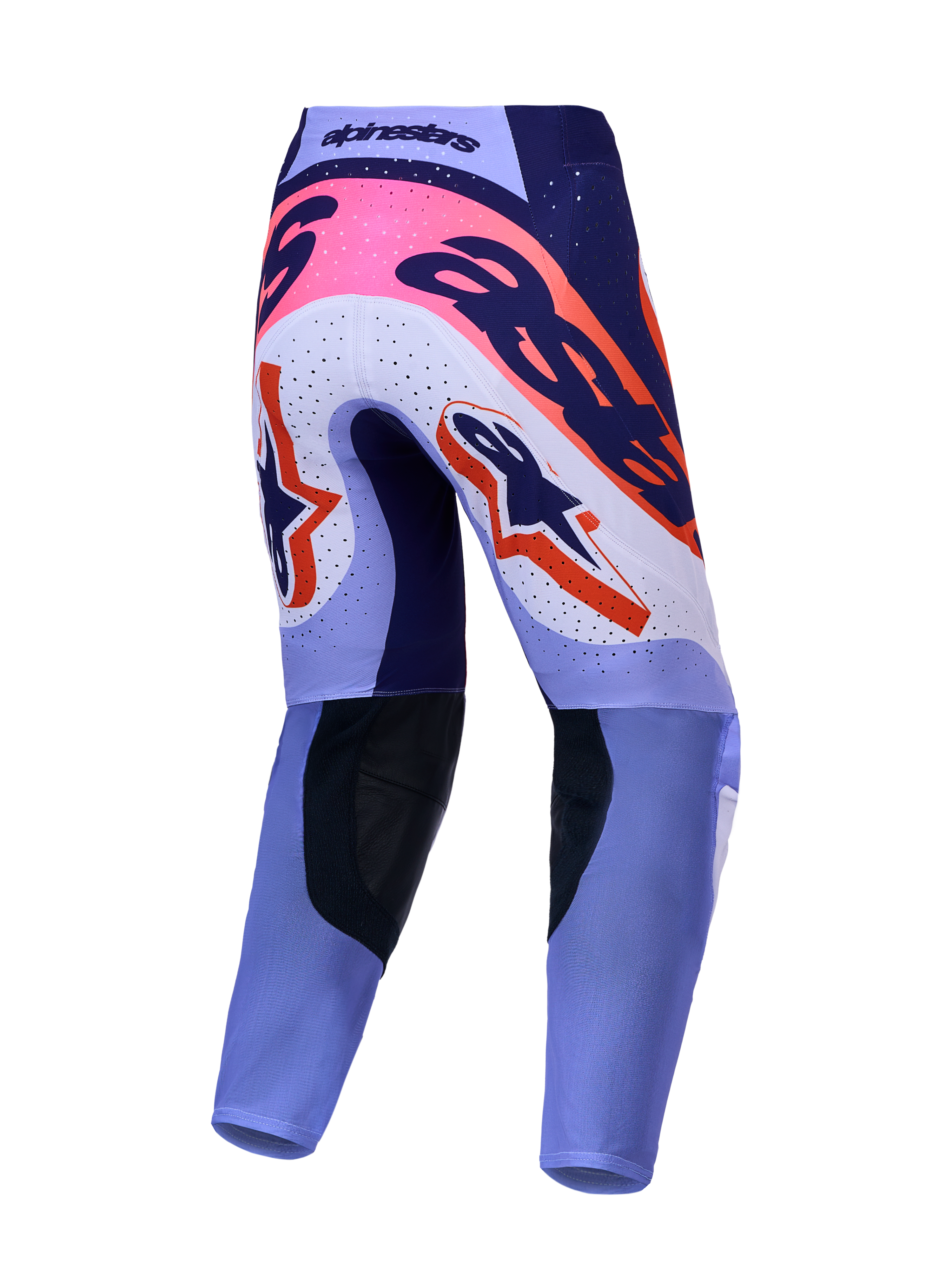 Alpinestars pantaloni Supertech Dyna, da motocross, vista posteriore, viola chiaro e viola scuro con dettagli rosa fluo