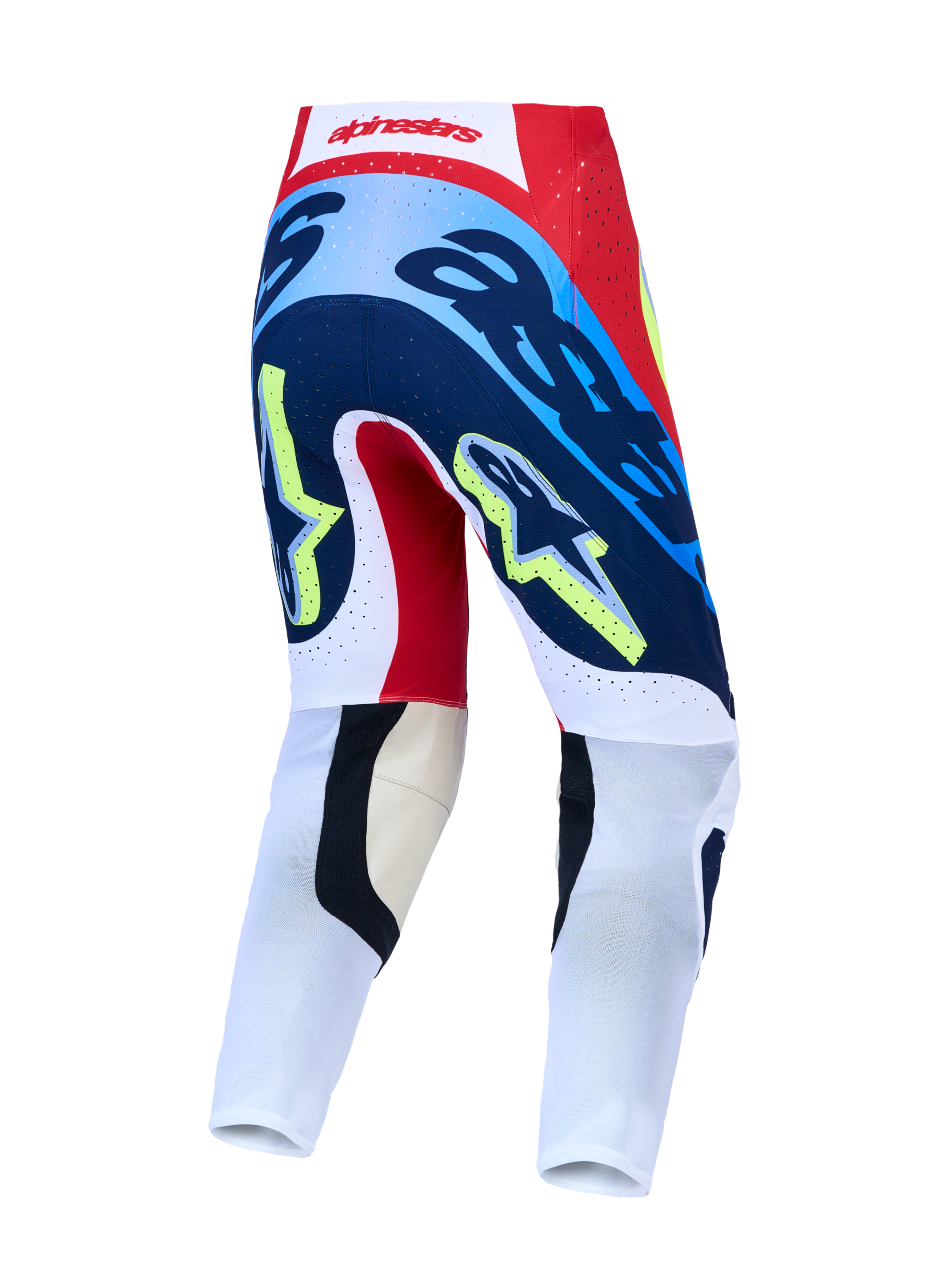Alpinestars pantaloni Supertech Dyna, vista posteriore in rosso e blu navy con vestibilità atletica da motocross.