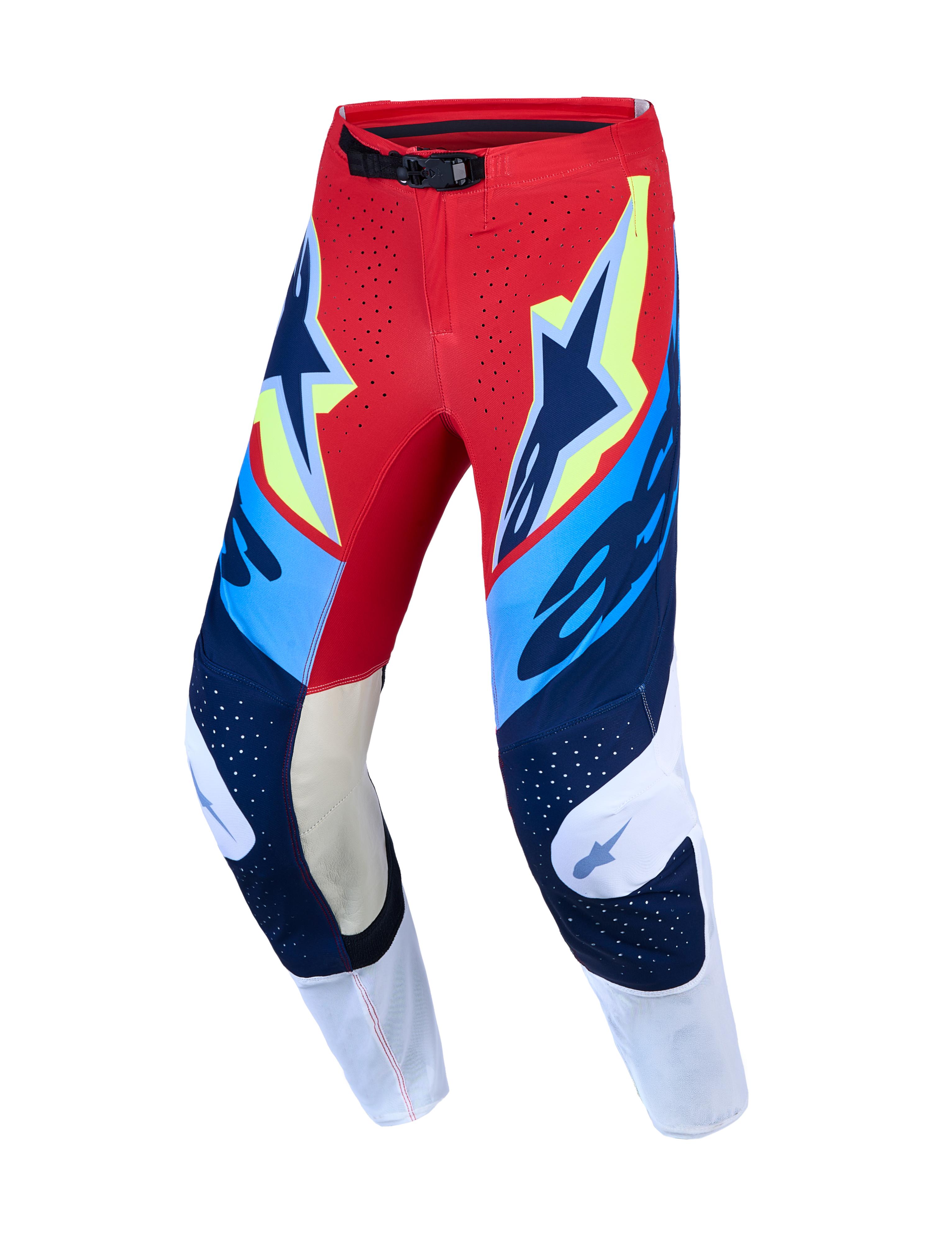 Alpinestars Pantaloni Supertech Dyna, pantaloni da motocross da uomo, rosso e blu navy, con pannelli in pelle di capra.
