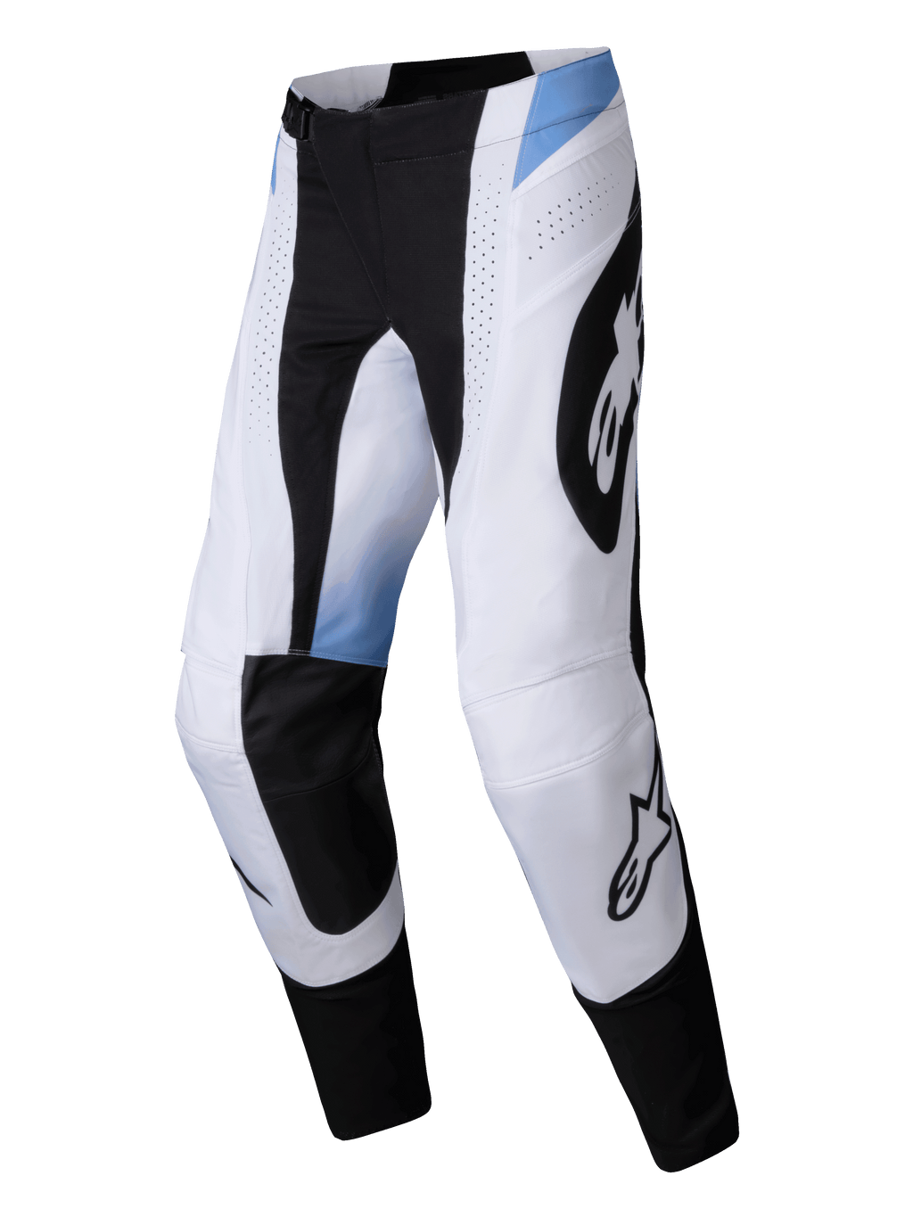 Alpinestars 2025 Techstar Melt Pants, pantaloni da motocross, bianco e nero con accenti azzurri, con grandi loghi Alpinestars neri, fori di ventilazione tagliati al laser e vestibilità atletica per gare fuoristrada
