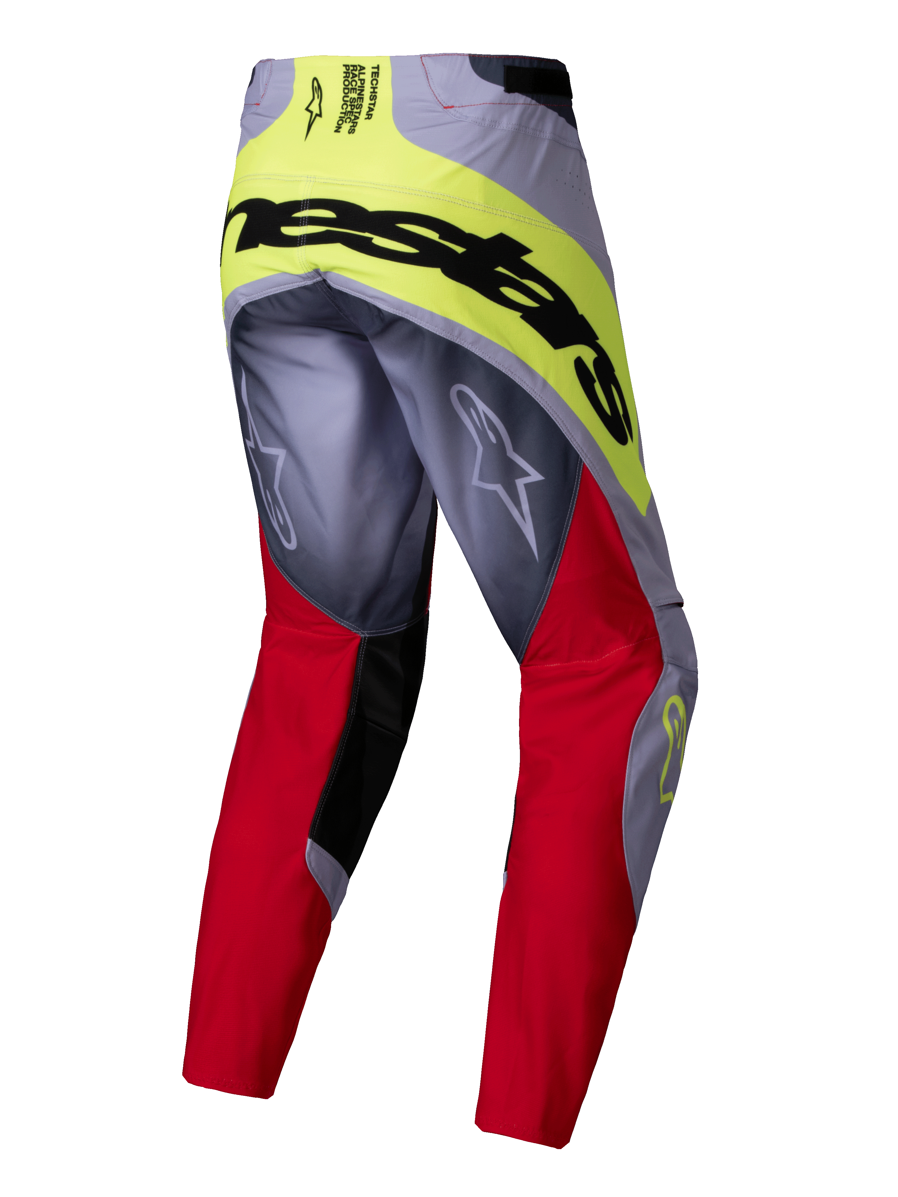 Alpinestars 2025 Techstar Melt Pants, pantaloni da motocross, rosso acceso e grigio con accenti giallo neon, vista posteriore con grande marchio Alpinestars nero sulla seduta, loghi Astars sulle gambe, design multi-materiale resistente per corse fuoristrada