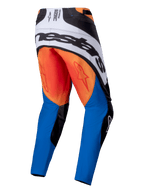 Alpinestars 2025 Techstar Melt Pants, pantaloni da motocross, arancione, blu e bianco, vista posteriore con grande marchio Alpinestars nero su pannello posteriore bianco, seduta arancione con loghi a stella rossi e parte inferiore delle gambe blu