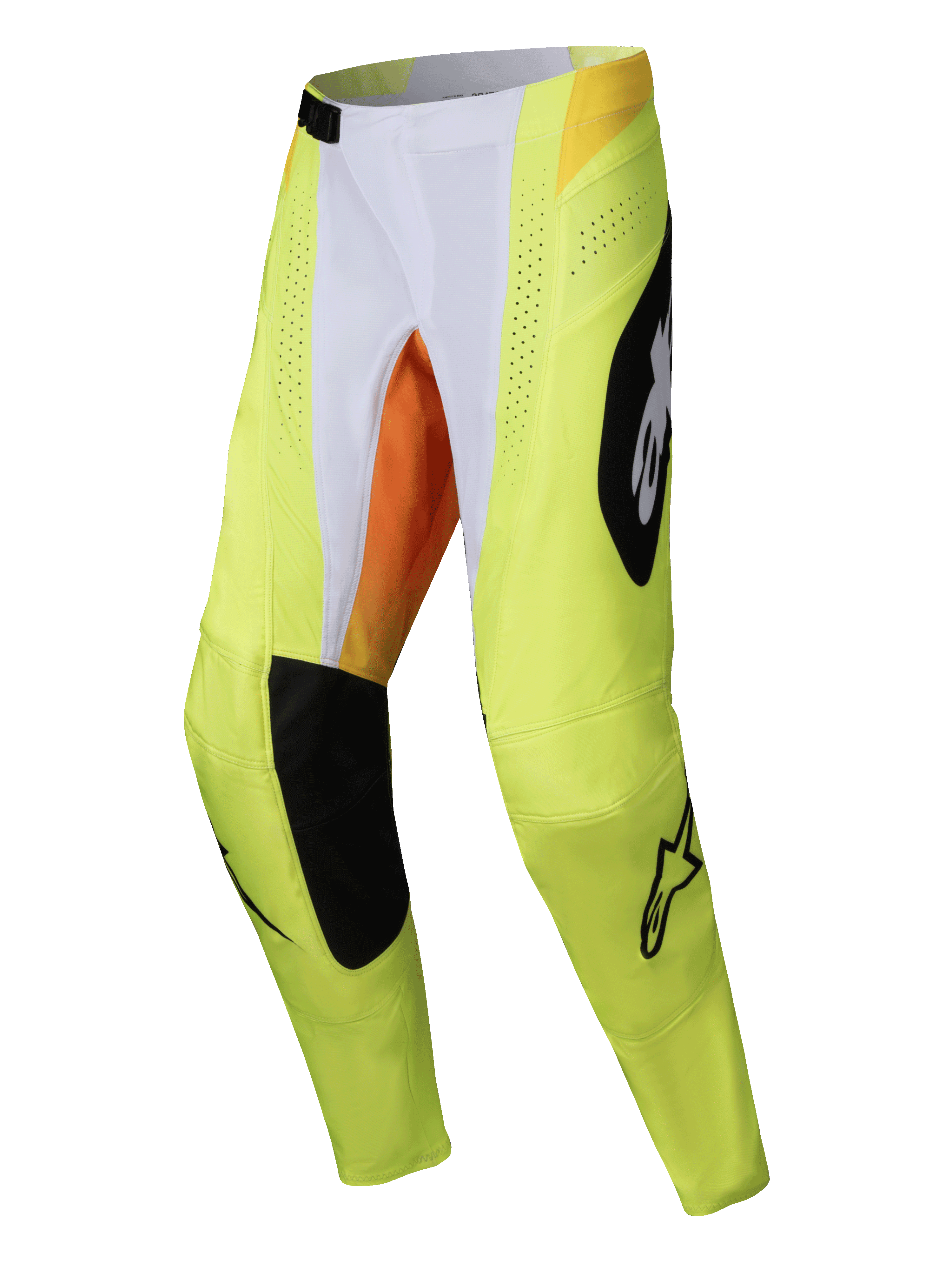 Alpinestars 2025 Techstar Melt Pants, pantaloni da motocross, giallo neon e nero con accenti bianchi e arancioni, grandi loghi Alpinestars neri, perforazioni di ventilazione tagliate al laser, pannelli resistenti per corse fuoristrada
