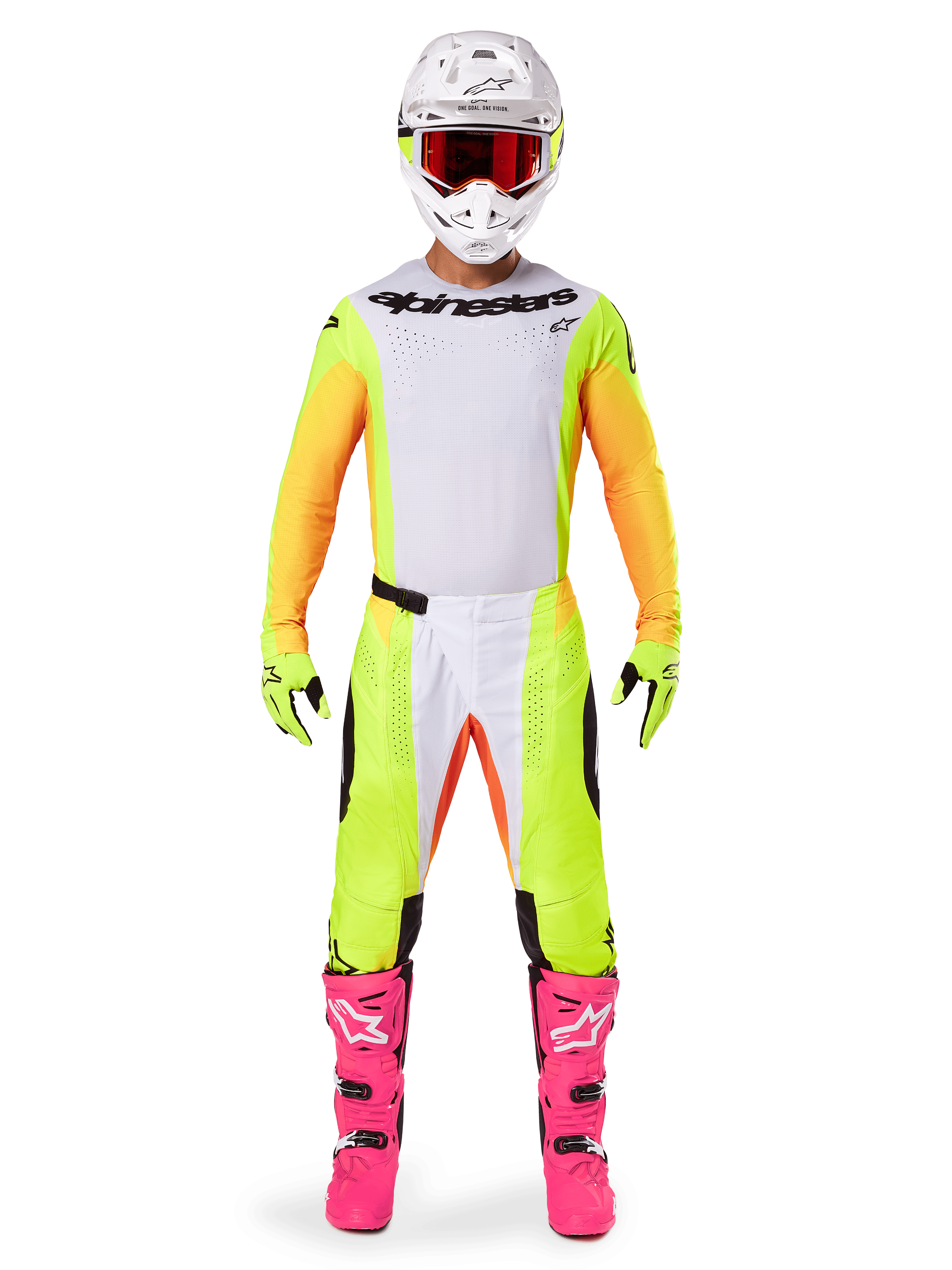 Pilota di motocross con il Set Gear Alpinestars Techstar Melt 2025, maglia bianca con maniche gialle e arancioni, pantaloni giallo neon con dettagli bianchi e arancioni, casco bianco con occhiali rossi, stivali rosa acceso e guanti giallo neon, completo da gara per competizioni fuoristrada