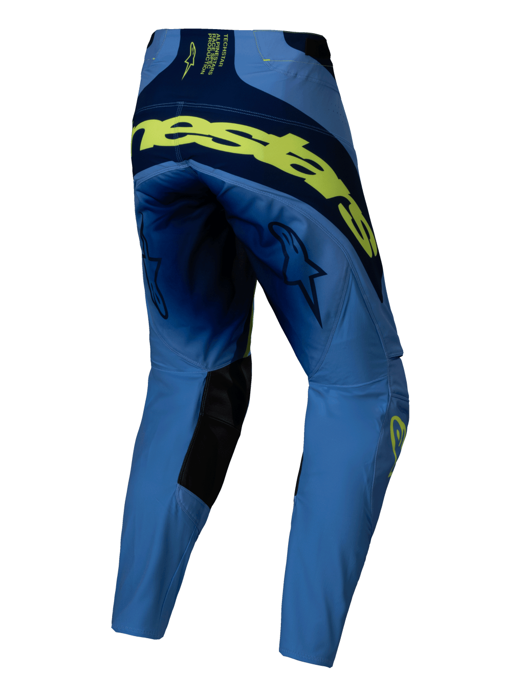 Alpinestars 2025 Techstar Melt Pants, pantaloni da motocross, giallo fluo e blu, vista posteriore con grande marchio giallo fluorescente sul retro, pannelli blu navy, loghi a stella sulle cosce e rinforzi interni neri sulle ginocchia