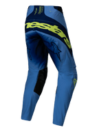 Alpinestars 2025 Techstar Melt Pants, pantaloni da motocross, giallo fluo e blu, vista posteriore con grande marchio giallo fluorescente sul retro, pannelli blu navy, loghi a stella sulle cosce e rinforzi interni neri sulle ginocchia