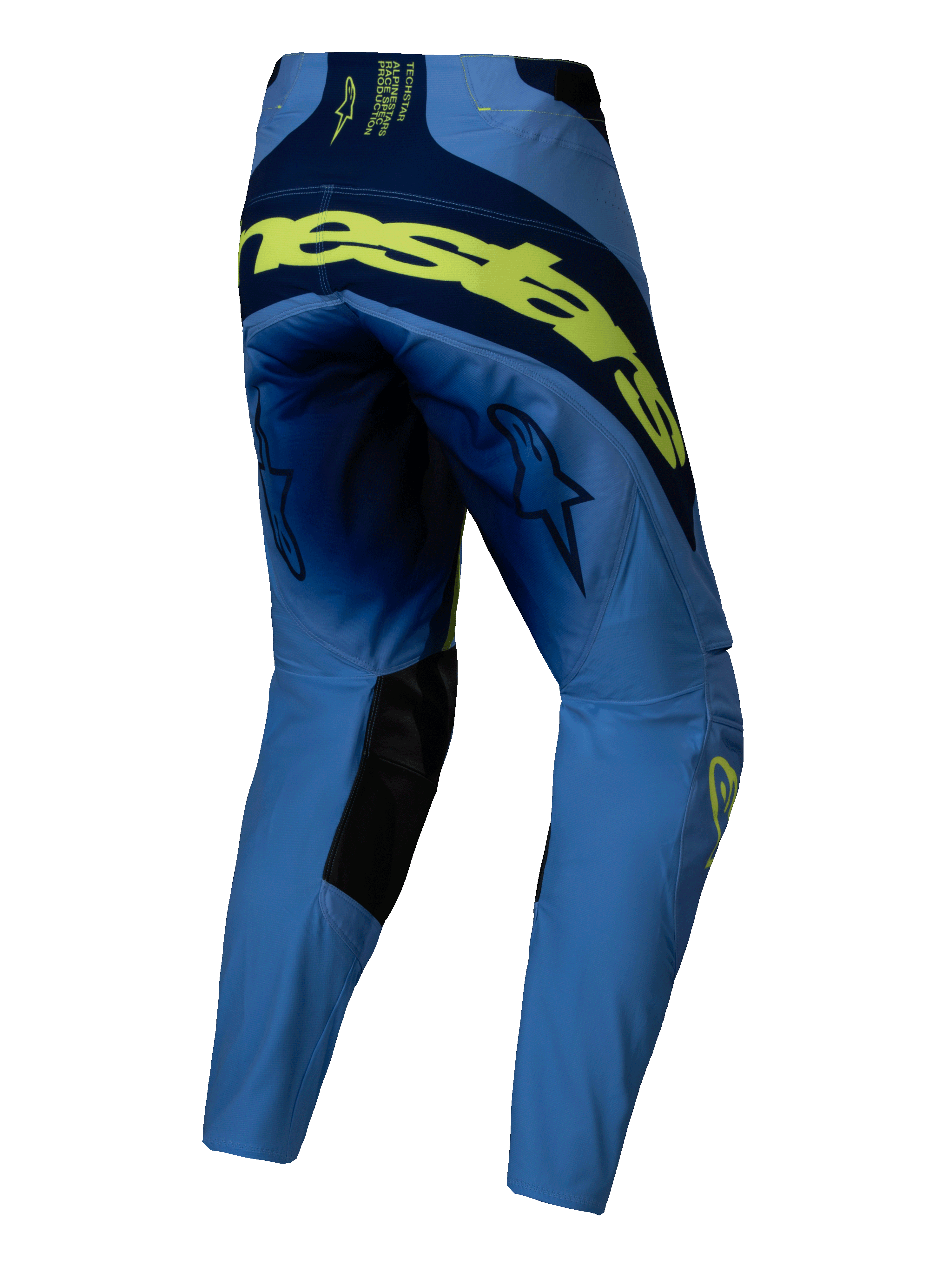 Alpinestars 2025 Techstar Melt Pants, pantaloni da motocross, giallo fluo e blu, vista posteriore con grande marchio giallo fluorescente sul retro, pannelli blu navy, loghi a stella sulle cosce e rinforzi interni neri sulle ginocchia